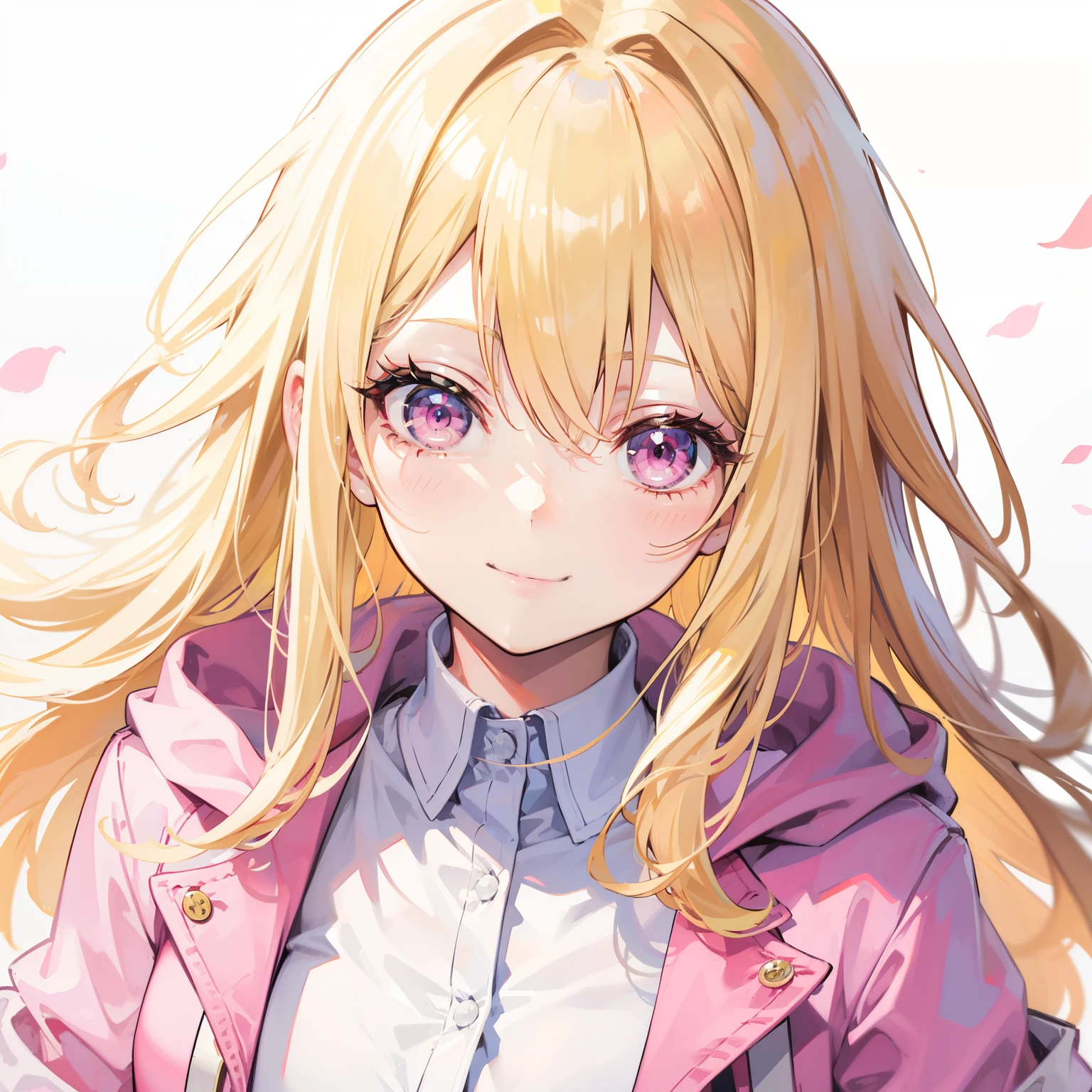 Adult woman, long blonde hair, pink eyes, white shirt, pink jacket, smile
