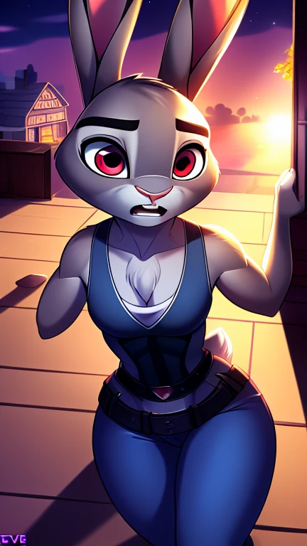 Crie uma ilustração onde há um predator eJudy Hopps (sexy:1,3),  ela foge de um predator (predator: 1,3),, a scared and fearful rabbit , sendo perseguida por um predator,  he is big and muscular  (predator grande e musculoso:1,3), he with bright red eyes . O predator deve ter uma postura ereta e agressiva dentes proeminentes presas grandes,  while Judy Hopps , a sexy rabbit ,  she runs away in a panic ,  with eyes full of fear .  The atmosphere must be tense and frightening ."