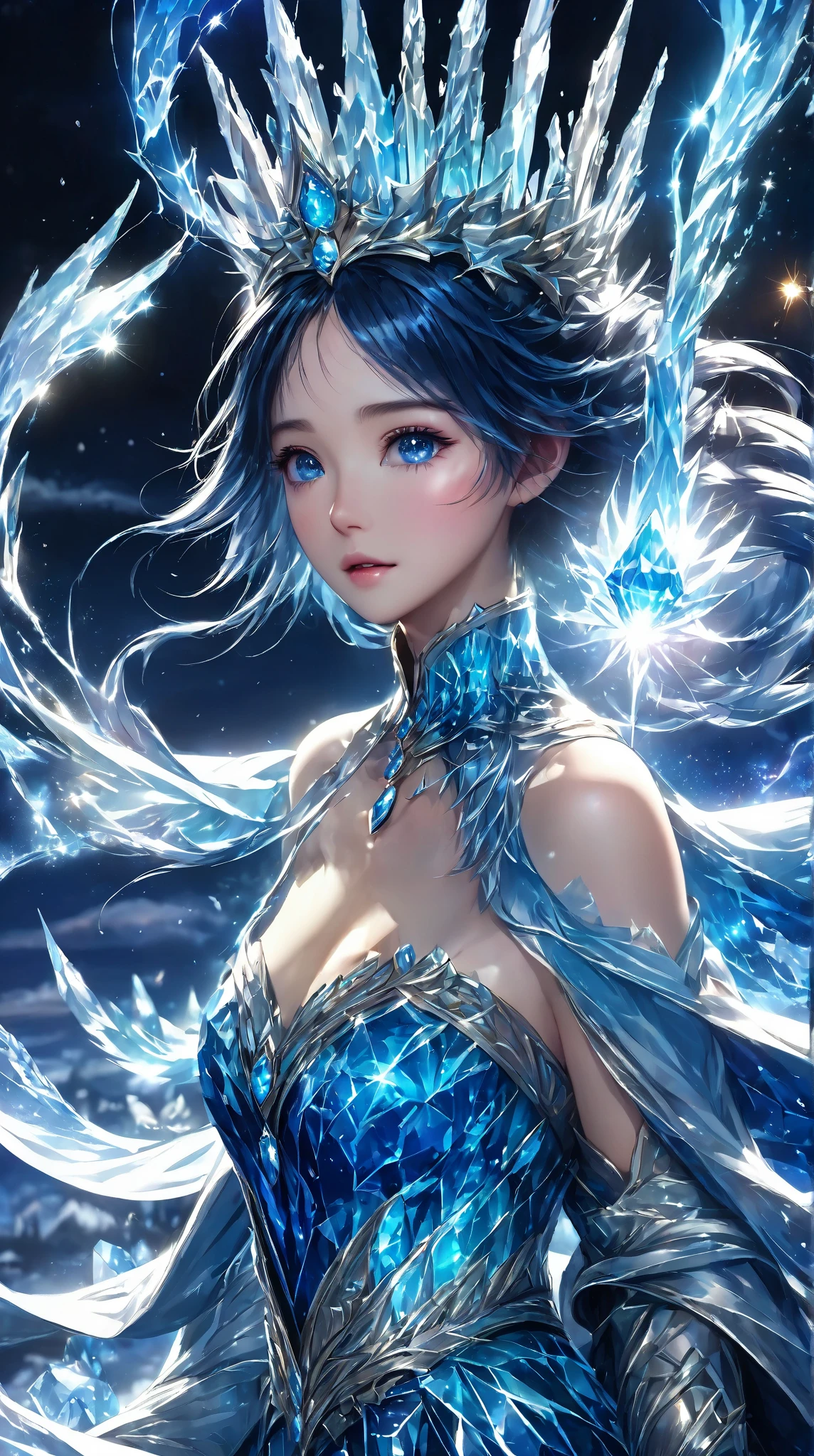 night, ((1 female)), alone, masterpiece, 8k wallpaper,  high resolution, absurdres,  High Quality Background , short hair, black hair,  multicolor hair ,   Beautiful Frozen Village  , (full moon),  Blue Dress ,   Detail Dress  ,  Jewel Dress , ( magic 】:1.2), blue fire, blue eyes,  glowing eyes , fire, Ice Goddess , ( Exquisite Beautiful Crown of Blue), electricity, blue electricity,  Blue Light Particle 