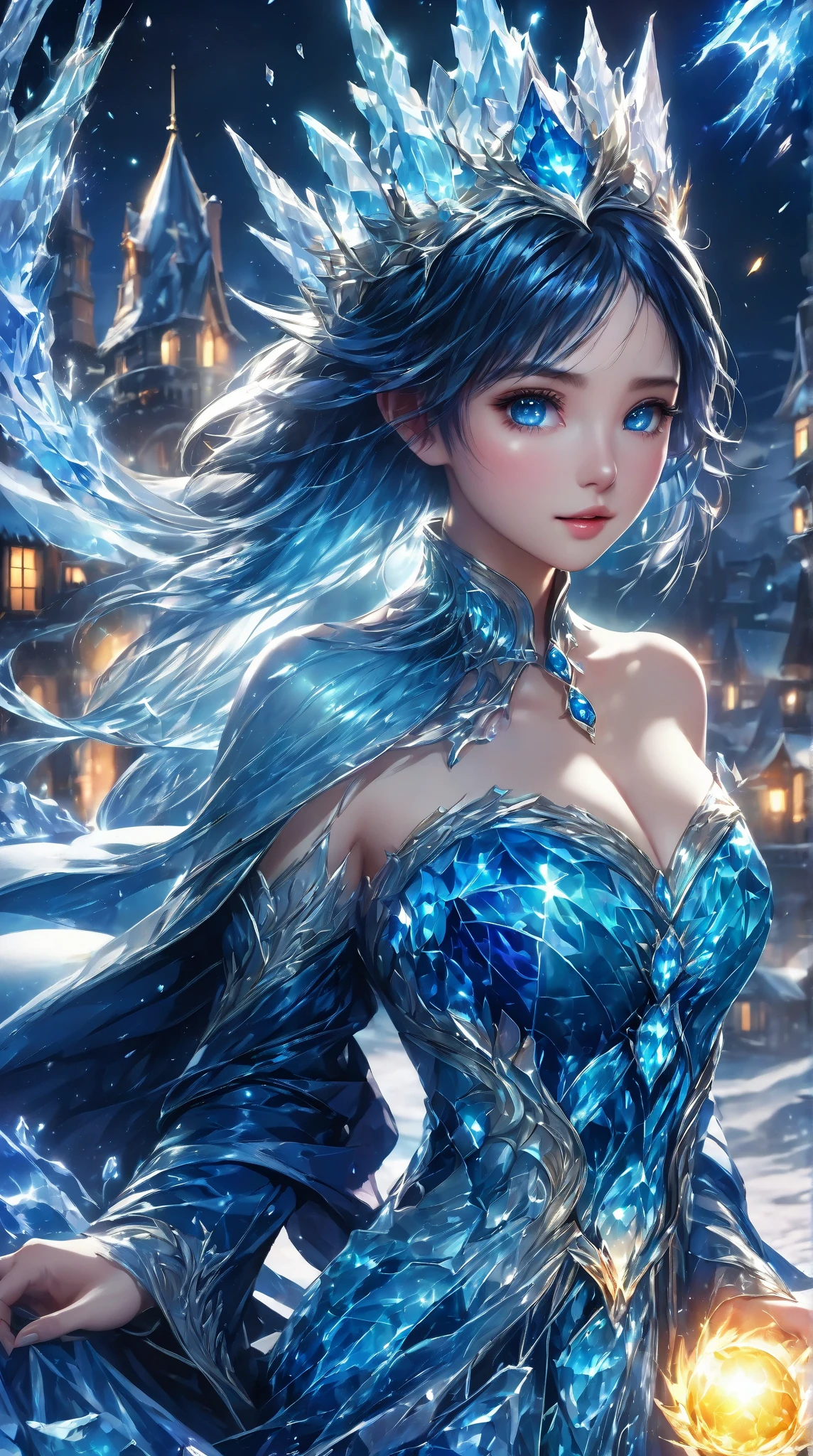 night, ((1 female)), alone, masterpiece, 8k wallpaper,  high resolution, absurdres,  High Quality Background , short hair, black hair,  multicolor hair ,   Beautiful Frozen Village  , (full moon),  Blue Dress ,   Detail Dress  ,  Jewel Dress , ( magic 】:1.2), blue fire, blue eyes,  glowing eyes , fire, Ice Goddess , ( Exquisite Beautiful Crown of Blue), electricity, blue electricity,  Blue Light Particle 