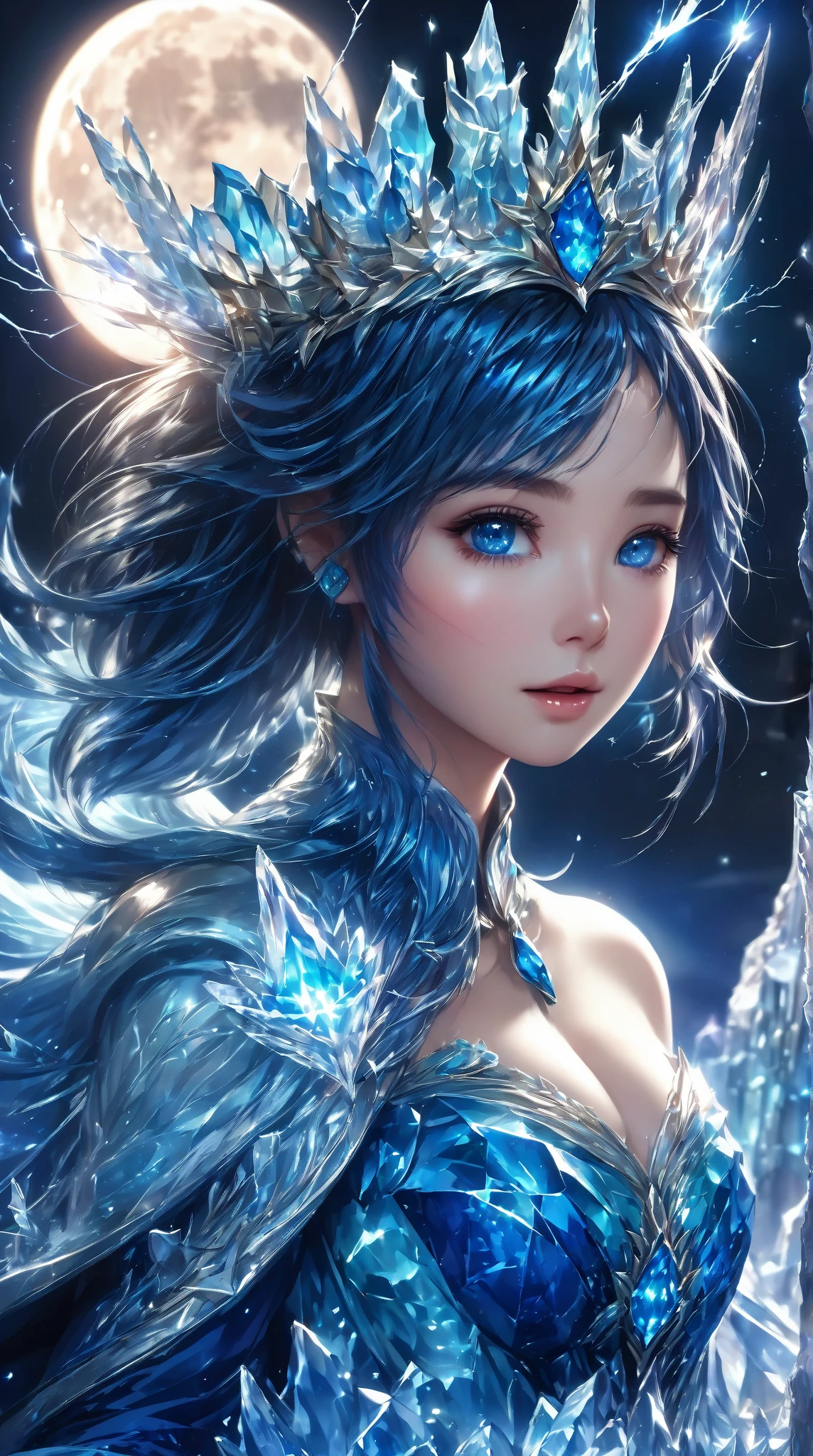 night, ((1 female)), alone, masterpiece, 8k wallpaper,  high resolution, absurdres,  High Quality Background , short hair, black hair,  multicolor hair ,   Beautiful Frozen Village  , (full moon),  Blue Dress ,   Detail Dress  ,  Jewel Dress , ( magic 】:1.2), blue fire, blue eyes,  glowing eyes , fire, Ice Goddess , ( Exquisite Beautiful Crown of Blue), electricity, blue electricity,  Blue Light Particle 