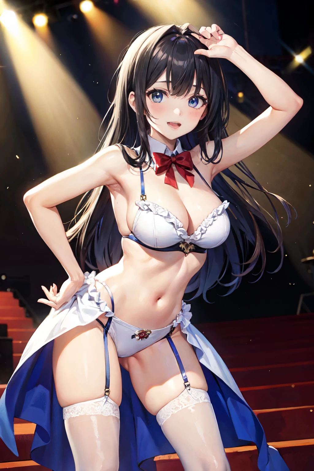 (masterpiece:1.8),(highest quality:1.8),(Very detailed:1.8),(8k:1.8),(Ultra-thin illustration:1.5),pretty girl,2 people,skinny,Small Ass,straight twin tails,Flat Chest,Small breasts,(full lace lingerie)(Random color.design)(Pose with a smile),Applause from the audience,(Lingerie Fashion Week,Runway Walk),Spotlight。Photographer flash