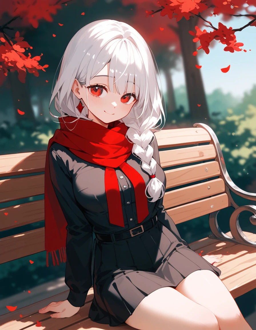 1 person,girl,White hair,Beautiful braided hair, in red eyes , black shirt,Wear a red scarf, medium breasts,smile,shy, wearing a black skirt,cute,Little one,Dark circles under the eyes,Quietly,cute,Sit on a bench,หน้าประทับใจshyหนัก