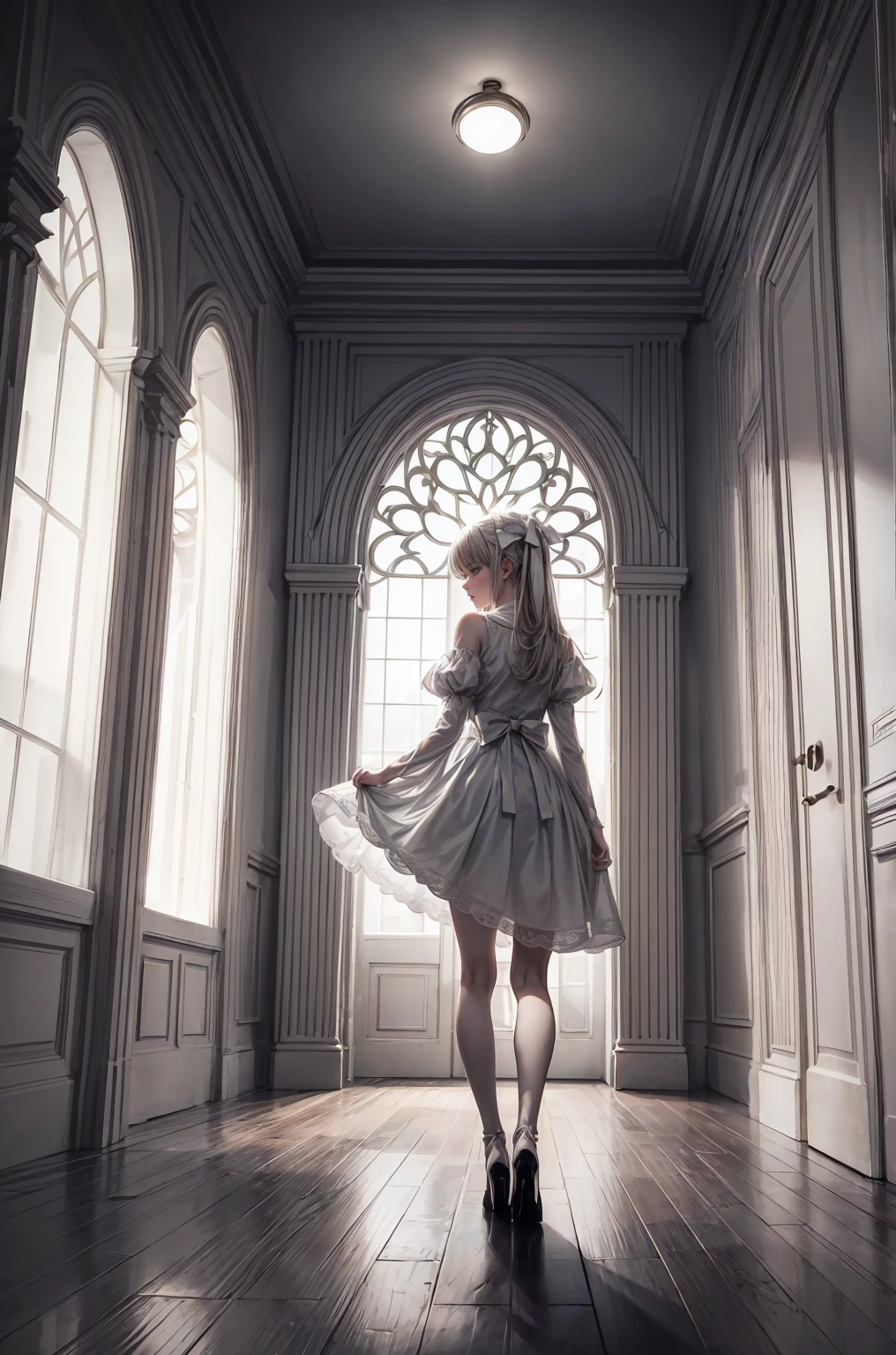 Bust shot from the back view, woman standing lethargically in a dilapidated white-themed room of a mansion, digital art, 8K resolution, high detail, around 20 years old, (one female:1.5), light gray hair, semi-long to back length, straight, lolita outfit:1.5, worn-out lolita dress with tattered sleeves and hem, white frill decorations, white ribbon, white lace, monochrome gradient tights, white pin heels, heels soiled with soot, pure white ribbons hanging from the ceiling, white fabric spread on the floor, soft light like moonlight, colors dominated by white with desaturated pastel shades like grayish pink, pale shadows like moonlight, ((UHD, masterpiece, super detail, best quality, highres, 8k)), (detailed line art), perfect face, perfect body, perfect hands, perfect feet.