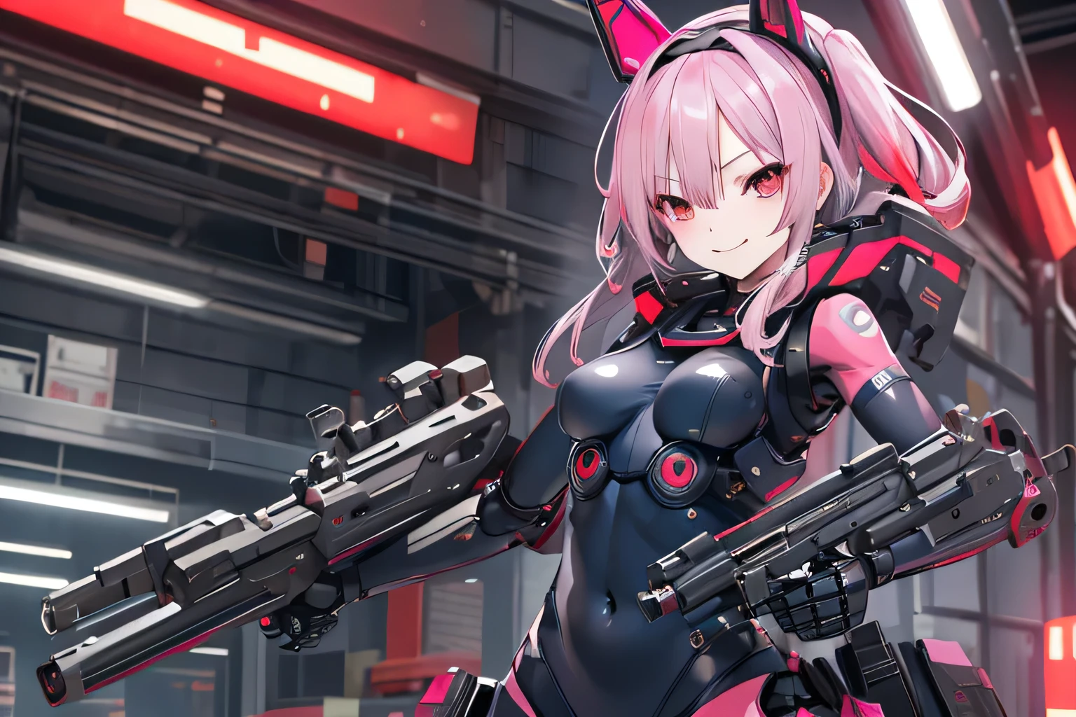 plana \(blue archive\),hair over one eyes,grey eyes, 1girl,chinese text,pink hair,weapon,gun,solo,holding weapon,holding gun,red eyes,holding,mechanical arms,bodysuit,breasts,smile,science fiction,hairband,tattoo,simplified chinese text,android,fake animal ears,mecha musume,
BREAK,masterpiece, best quality,score_7_up,score_8_up,score_9, score_5_up,score_6_up,