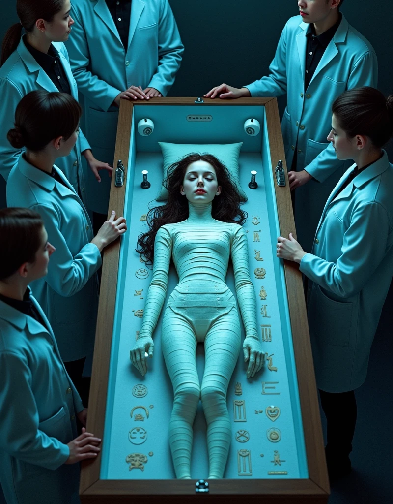 ancient egyptian costume, exposed breasts and nipples , Cleopatra unbandaged , inside the ruinsHe has bandages wrapped around his legs and lower body,In the laboratory, being dissected, turn the whites of eyes,shed tears, urinate,crying out loud , modern operating room, abdominal surgery, experimental materials ,operating table , Extend legs,feet tied, There are restraints on the arms ,Lie on your back and Extend arms and legs,Lie on your back on the operating table , exposure of pussy ,lie down on the operating table ,one girl,has been operated on, crying in fear , lie down ,big operating table,hands are tied, wearing a dog collar, dying ,There's a cable stuck in pussy