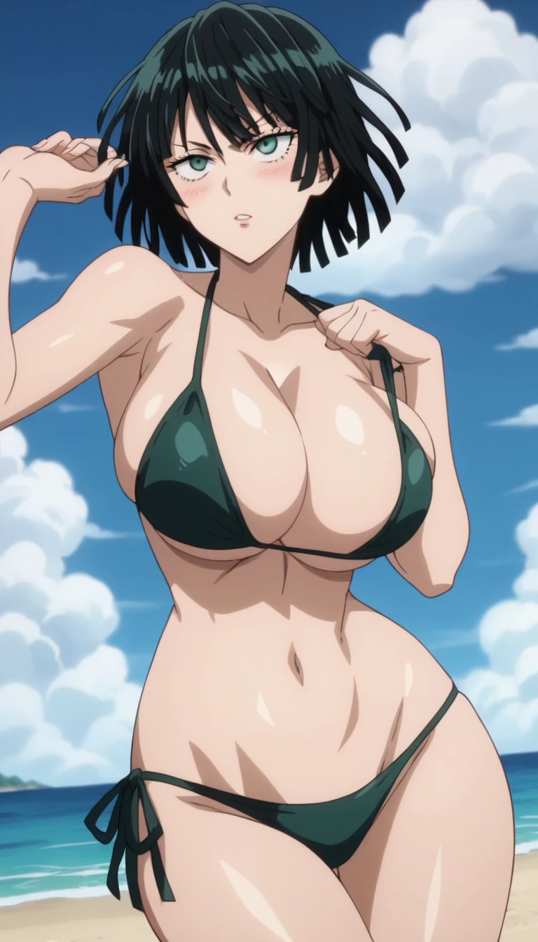 Prompt: (huge gigantic super mega hyper:1.3),(biggest round giant massive :1.3), (only one women) front view, bikini,beach,sexy poses, source_anime,masterpiece,best quality,highres,absurdres,official art,official style,source_anime,anime screencap,anime coloring,megami magazine,anime,animated,explicit, shiny skin,large breasts,  black hair , fubuki ,one punch man,blush, side, on side,   fubuki,