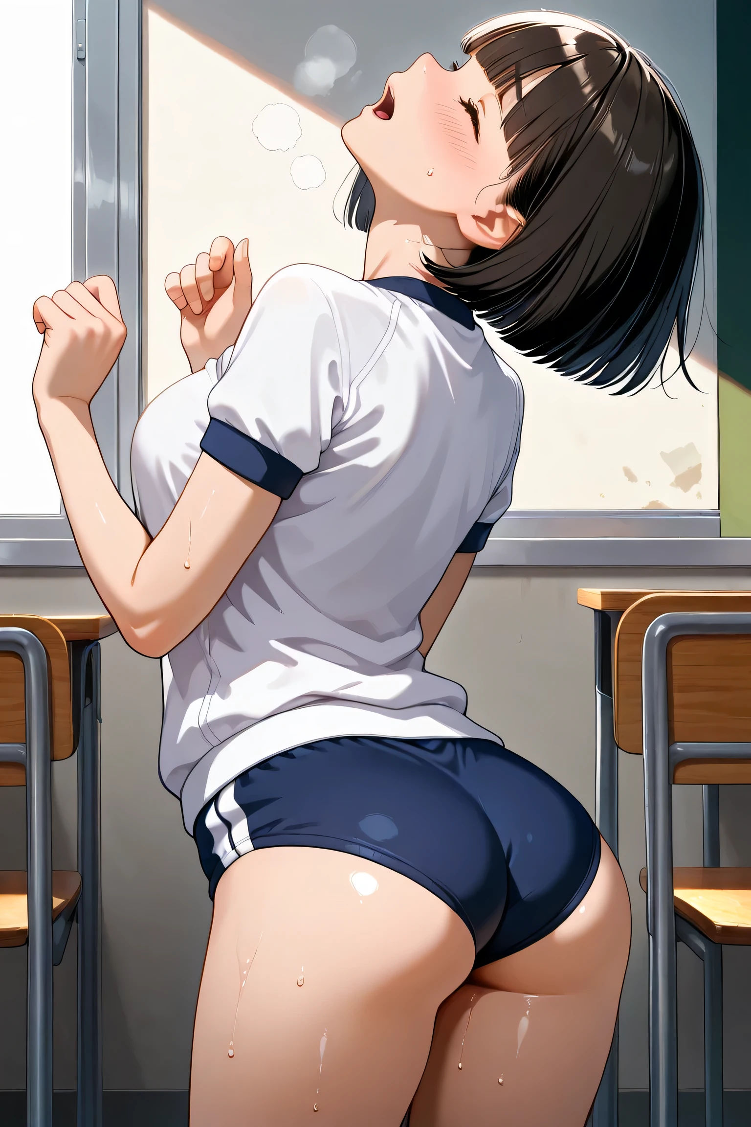 1girl, standing, arched back, head back, from behind, hands up,
BREAK girl, 22yo, short hair, bob cut, blunt bangs, black hair, (tareme, detailed cute brown eyes),  (large breasts:0.6), skinny,
shiny hair, beautiful detailed eyes, beautiful face, 
white gym uniform, navy buruma, round ass, sweat,
embarrassed, blush, (closed eyes:1.2), open mouth, heavy breathing, 
class room,
masterpiece, best quality, amazing quality, very aesthetic, absurdres, newest, (realistic:1.1), explicit