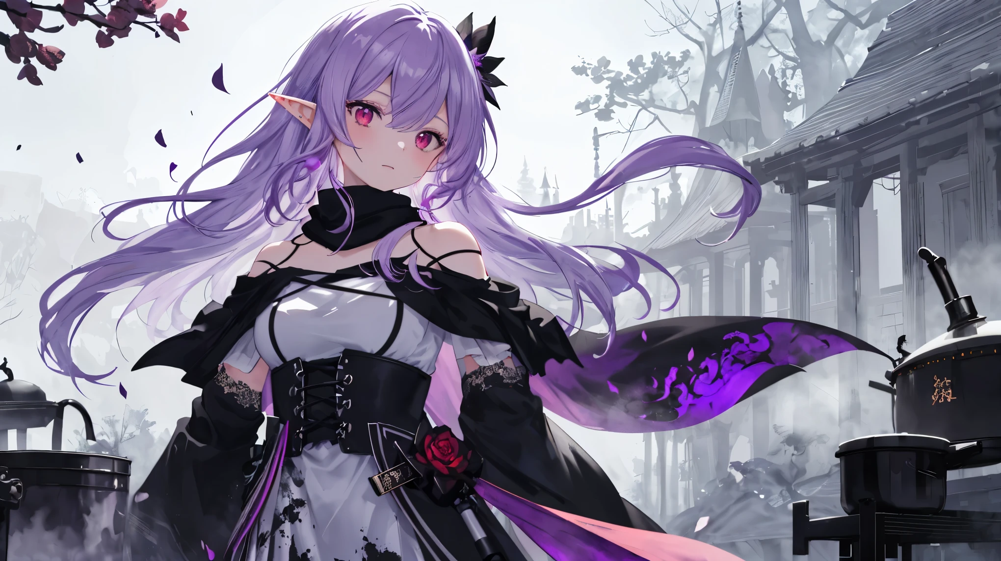 High Quality , masterpiece, delicate hair , Delicate Eyes Full of Determination , delicate hair , ((masterpiece, 最 High Quality )), High Quality , masterpiece, delicate hair , girl ,( purple hair)),((red eyes)), Daikon,Long Hair,Elf Ears,( Black Longsword ), (( off-shoulder )), (loose Long Hair),((Black Cape)), (Red Stove ),scarf,Moon in the Sky, knight , Floating purple flower autumn , Strong Shadows ,Ash,,ice,((Ink wAsh painting)),((ink splAshing)),((color splAshing)),