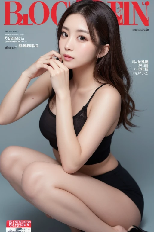 highest quality, masterpiece, 8k, ultra high resolution, (realistic: 1.4), 1 girl, beautiful face, symmetrical eyes, big, perfect body proportions, ((long hair))、((brown hair、bangs)), Fashion Model、((topless、panties))、((cover your chest with both hands))、the gaze of the beholder, (fashion show、blurred background), Front view, Absolute area (1.3),friendly smile、seems kind、cowboy shot