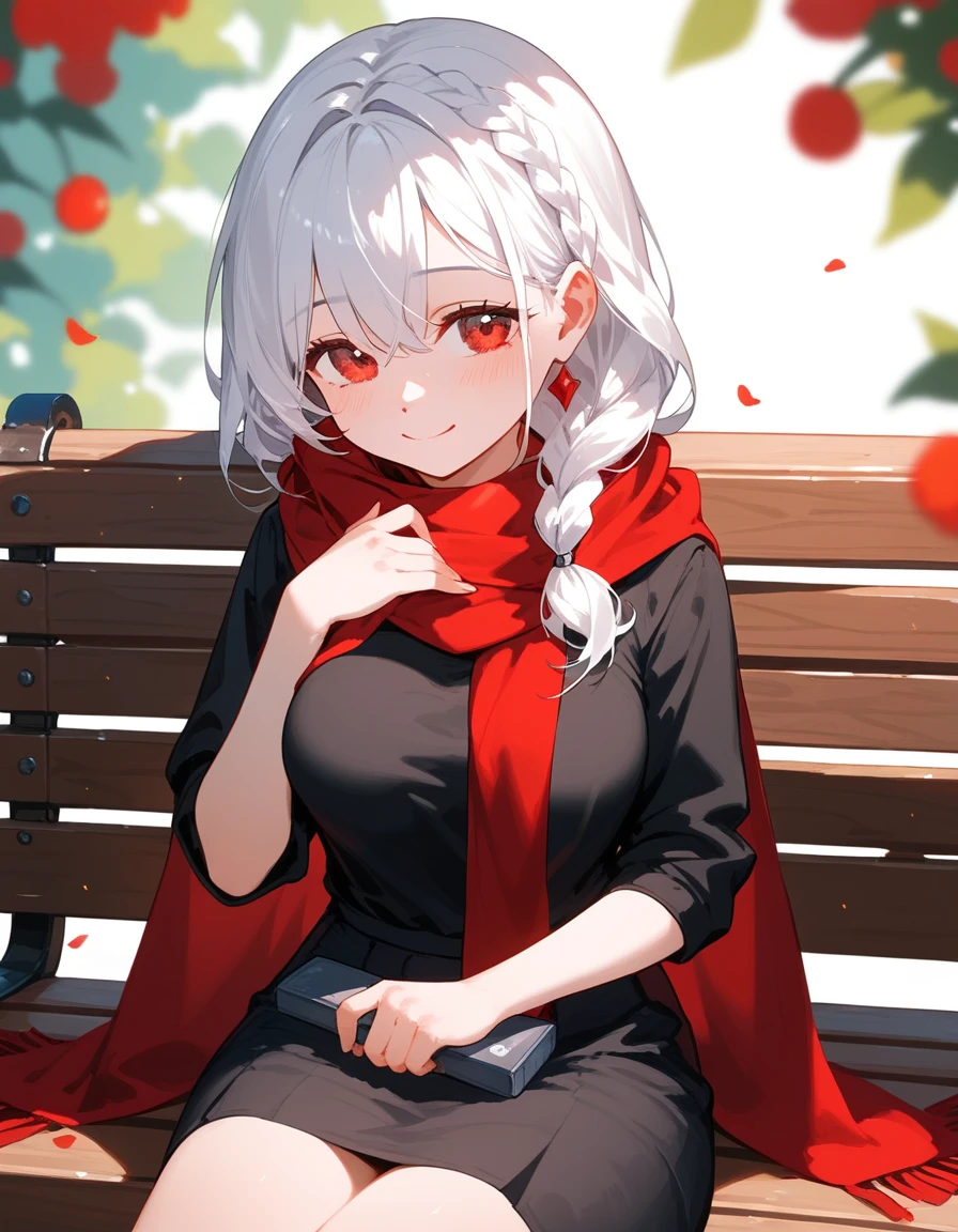 1 person,girl,White hair,Beautiful braided hair, in red eyes , black shirt,Wear a red scarf, medium breasts,smile,shy, wearing a black skirt,cute,Little one,Dark circles under the eyes,Quietly,cute,Sit on a bench,หน้าประทับใจshyหนัก