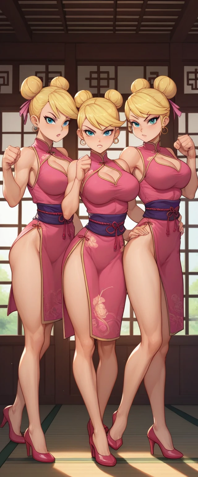 lola loud, 3girl, trio, 24yo girl, large breasts, pink cheongsam,  inside of a chinese temple, looking at viewer, blonde hair, two hair buns , hands  score_9, score_8_up, score_7_up, high heels, teep fighting stance,martial arts, chest window, triplets