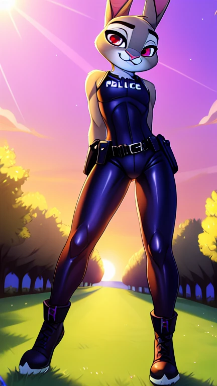  Create an illustration of Judy Hopps with a predator expression , sexy (sexy:1,3), and determined,  with bright eyes and a sinuous smile ."
- " Draw Judy Hopps  (18+:1,3),  with a toned body and a confident posture ,  wearing a very tight police costume that leaves parts of her body exposed, sexy and revealing ,  with a sexy predator look ,  red eyes , look over the shoulders ,  that challenges and seduces at the same time ."