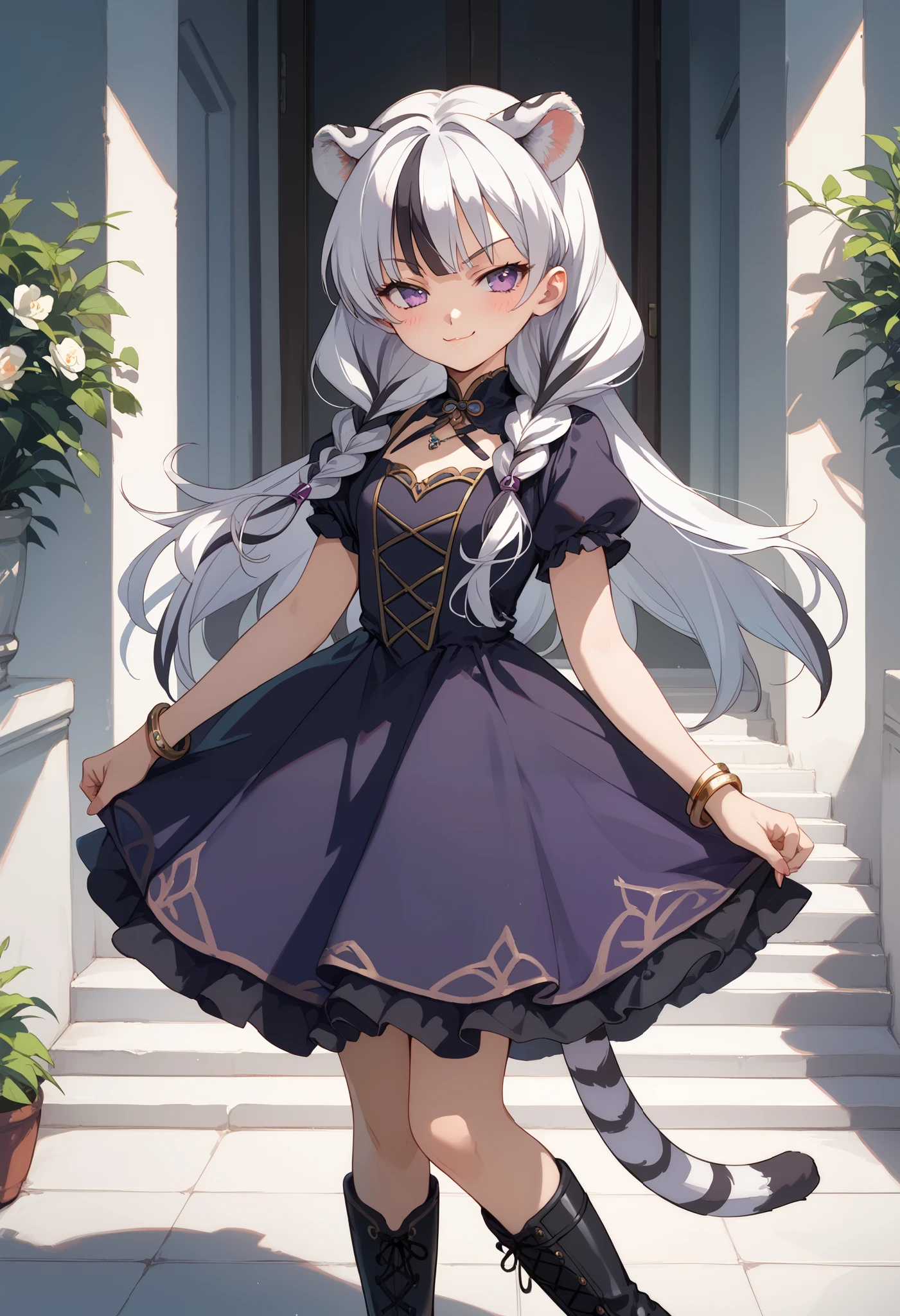 ((masterpiece)), 1girl, solo, long hair, white tiger ears, white tiger tail, purple eyes, standing, blush, smug smile, low twin braids, black dress, purple dress, multicolored dress, bracelet, high black boots, white hair, two-tone hair, 90s anime style. 