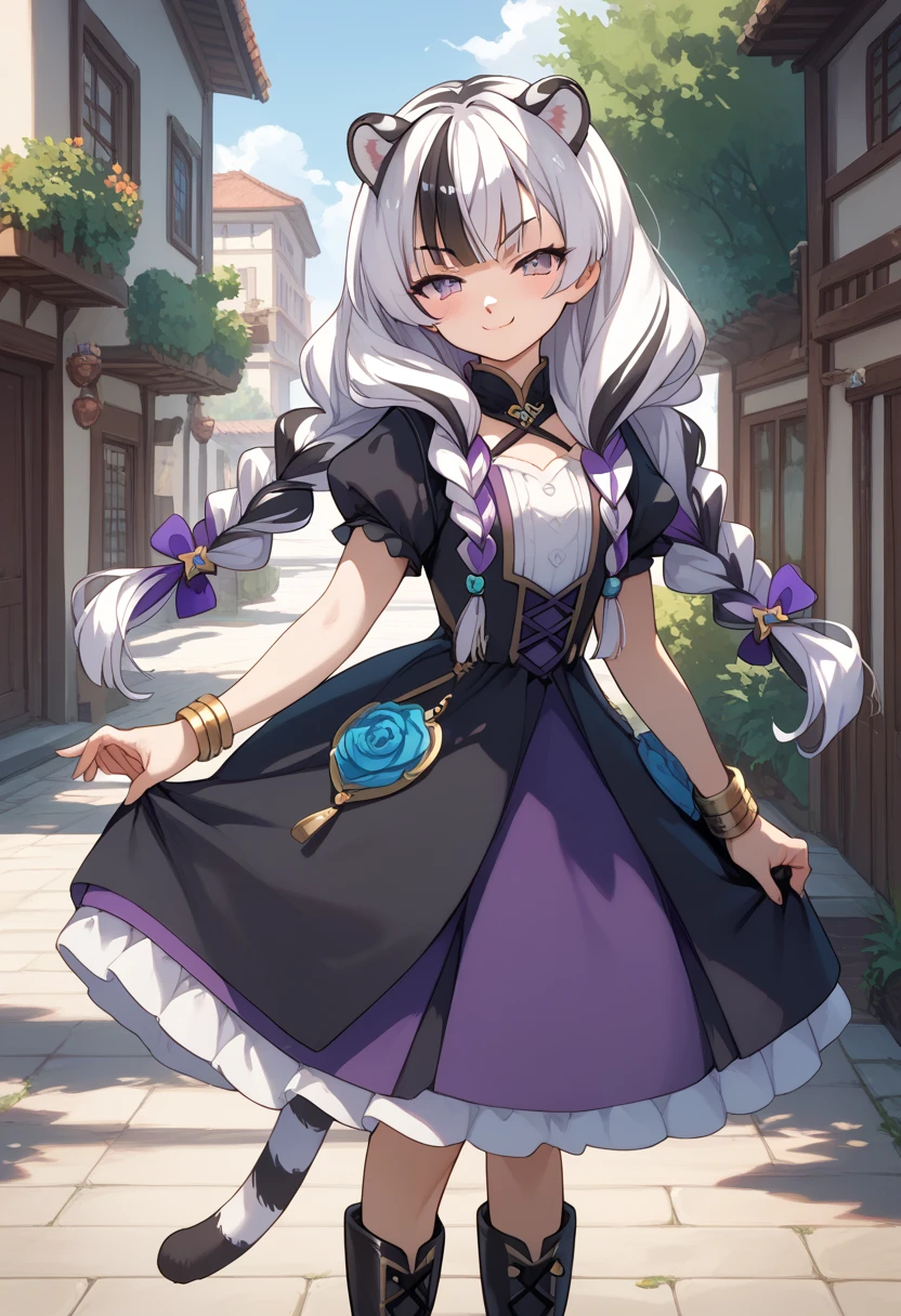 ((masterpiece)), 1girl, solo, long hair, white tiger ears, white tiger tail, purple eyes, standing, blush, smug smile, low twin braids, black dress, purple dress, multicolored dress, bracelet, high black boots, white hair, two-tone hair, 90s anime style.