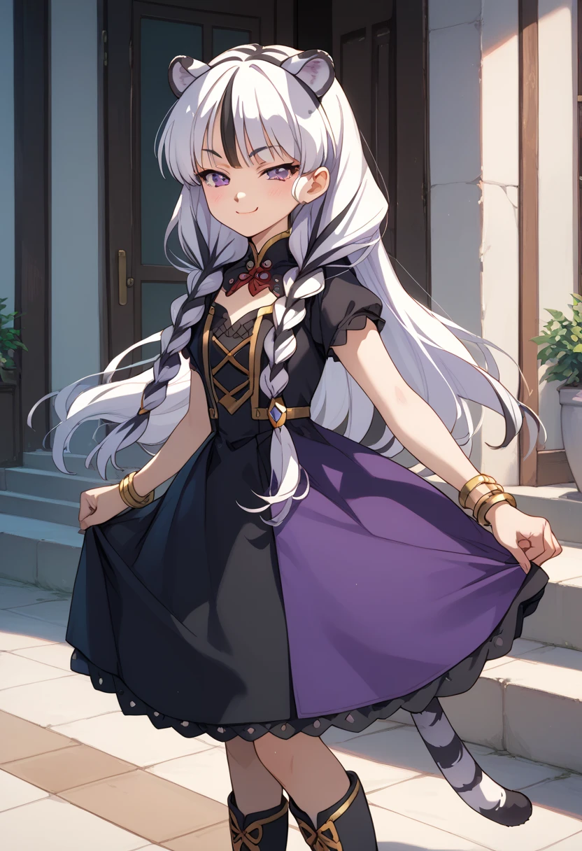 ((masterpiece)), 1girl, solo, long hair, white tiger ears, white tiger tail, purple eyes, standing, blush, smug smile, low twin braids, black dress, purple dress, multicolored dress, bracelet, high black boots, white hair, two-tone hair, 90s anime style.