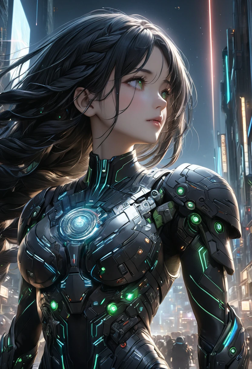 (Highres), 4K, 8K, Detailed Illustration, Ultra-Detailed, Ambient Light, Backlighting, Realistic Shadows, Glowing Particles, Digital Art, Detailed Face, Detailed Hair, Hyper-Detailed Eyes, Soft Light, Soft Lighting, mature face, milf, huge hips, full body, full body portrait, highly detailed face, Mecha, cosmic body, aura, metallic Articulation, dark hair ,glowing veins, steaming_body, glowing aura, green eyes, dark room full of cables, dark studio