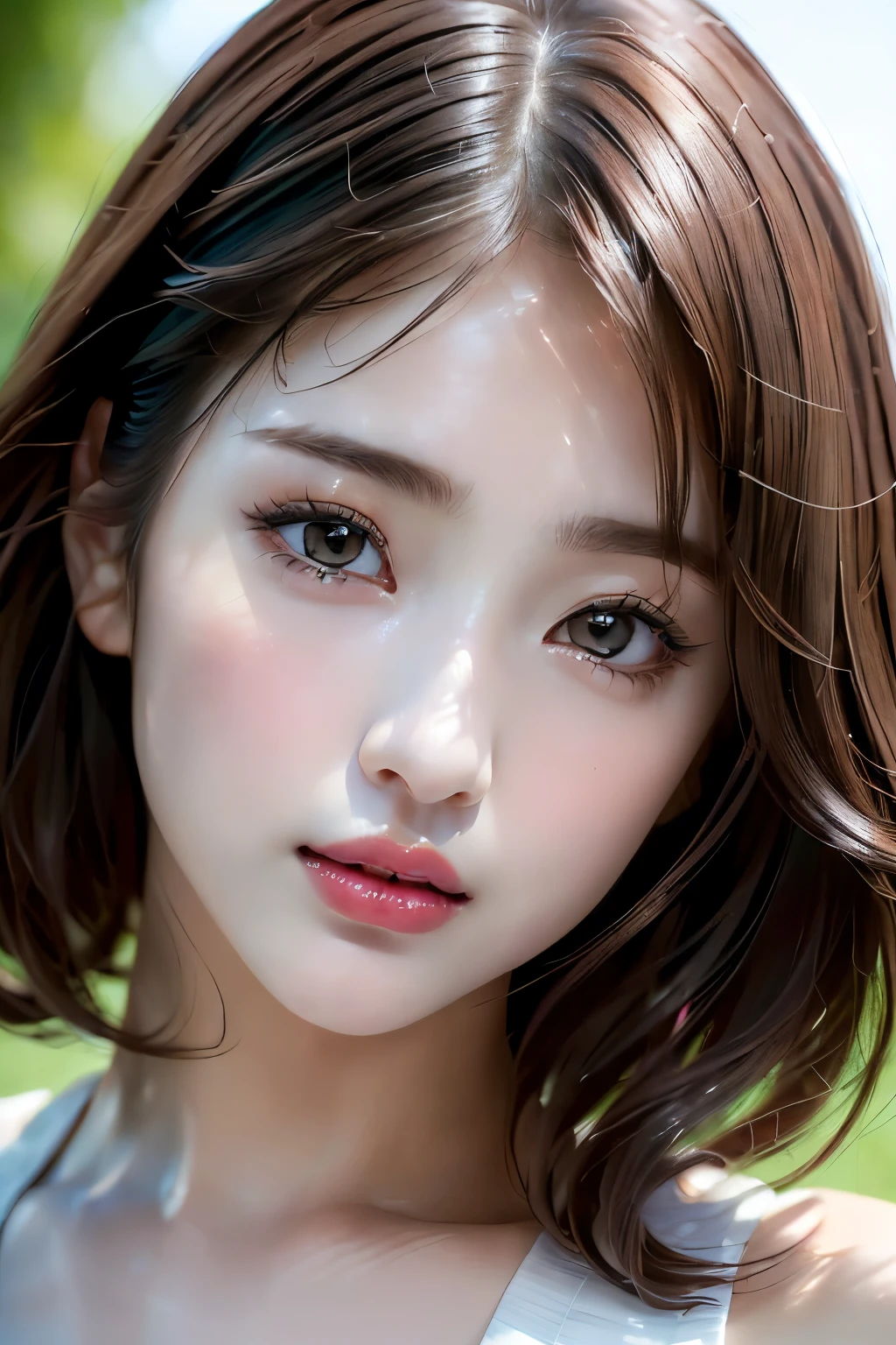 Arafed asian woman with brown hair and white tank top - SeaArt AI