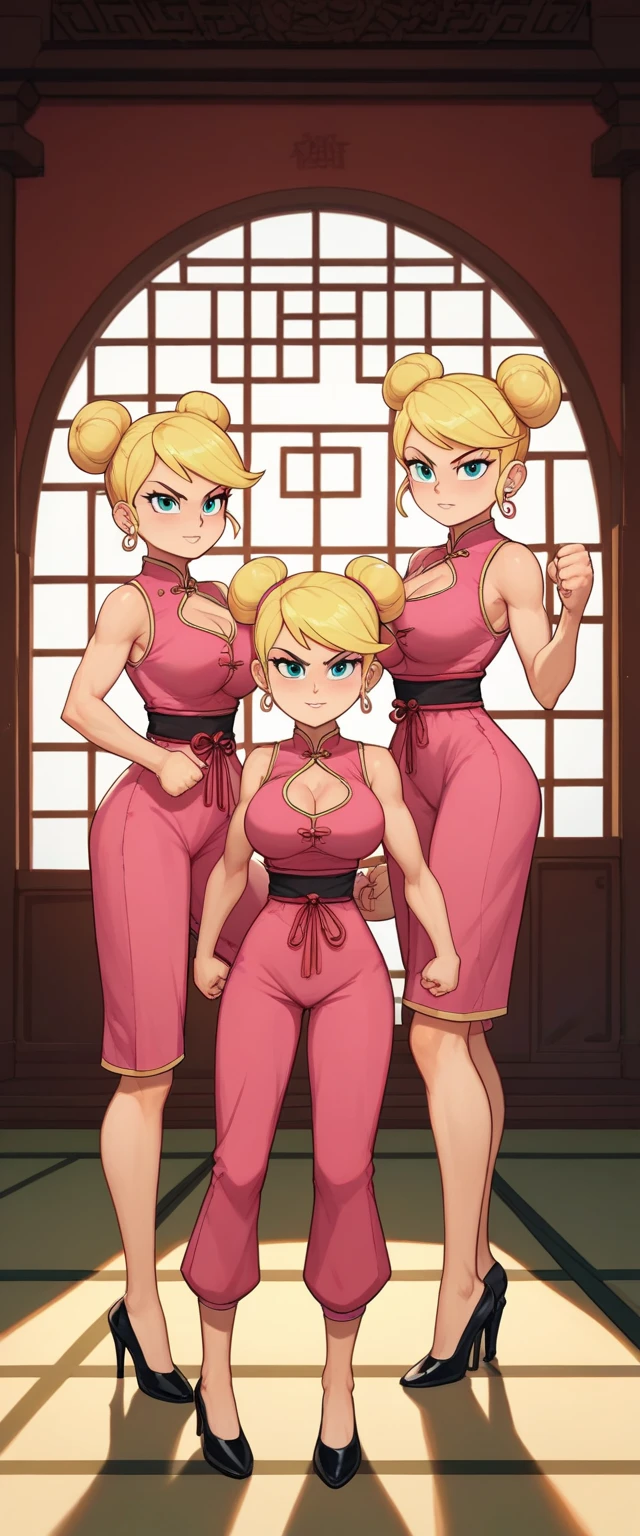 lola loud, 3girl, trio, 24yo girl, large breasts, pink cheongsam,  inside of a chinese temple, looking at viewer, blonde hair, two hair buns , hands  score_9, score_8_up, score_7_up, high heels, teep fighting stance,martial arts, chest window, triplets