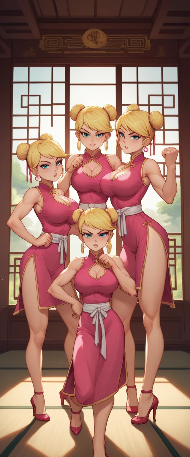 lola loud, 3girl, trio, 24yo girl, large breasts, pink cheongsam,  inside of a chinese temple, looking at viewer, blonde hair, two hair buns , hands  score_9, score_8_up, score_7_up, high heels, teep fighting stance,martial arts, chest window, triplets