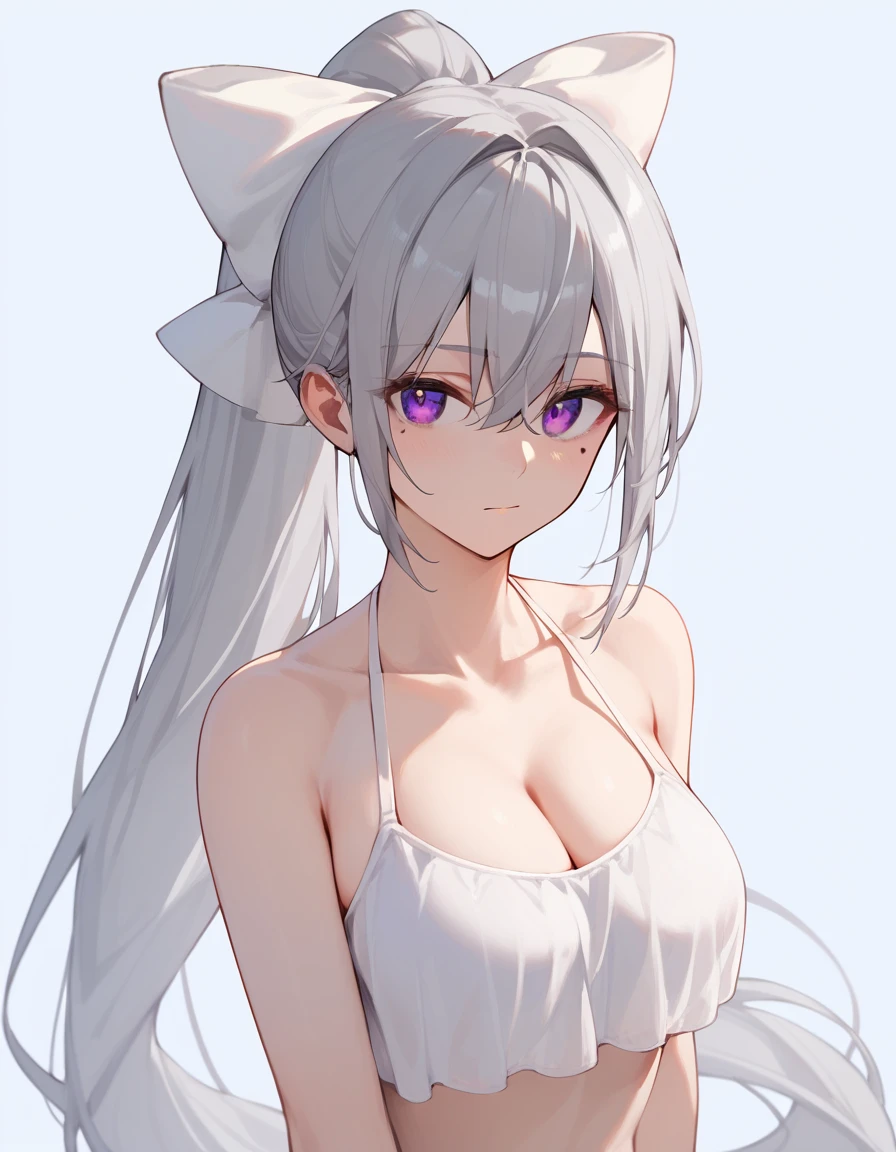  (masterpiece:1.2), ( best quality :1.2),  perfect eyes,  perfect face,  1 girl,hk1, purple eyes, grey hair, hair between eyes, long hair, very long hair, ponytail, mole under eye, bow, white bow,big breasts,swimsuit,nsfw