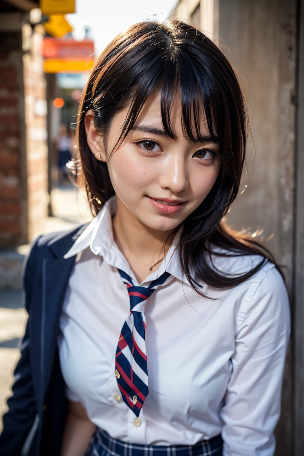 (High school girls walking on Tokyo street:1.2、blue sky)、((school uniform、blazer、Pleated skirt、Navy blue socks、loafers)、the wind is strong、(Realistic、Like a photograph、Live Action、8K, Realistic, RAW Photos, Best image quality: 1.4), Single-lens reflex camera、RAW Photos, Highest quality, Realistic, Highly detailed CG Unity 8K wallpaper, Written boundary depth, Cinematic Light, Lens flare, Ray Tracing, Realistic background、((ultra high density skin))、 Teenage girl on her way to school,Cute Japanese、(whole body:1.5)、Super detailed face,avert your eyes:1.1、(Silver inner color hair、Straight Long Hair:1.2、My hair flutters in the wind:1.4)、I like that style、stylish、Very detailed、Pay attention to the details、Perfect outfit、(Sunburned skin)、Side view、Accurate hands、Accurate legs、Detailed hands and fingers、Anatomically correct body、Thin legs、Thin thighs