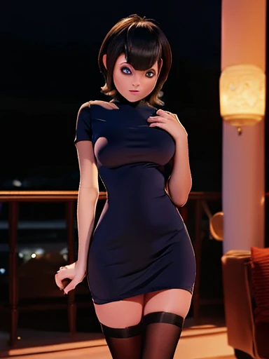 cute girl, NSFW,  blue eyes  , short hair  , big, shapely thighs,  high heels,   big and heavy boobs slim waist and wide hips, Sensuality on the terrace and the night of the full moon  