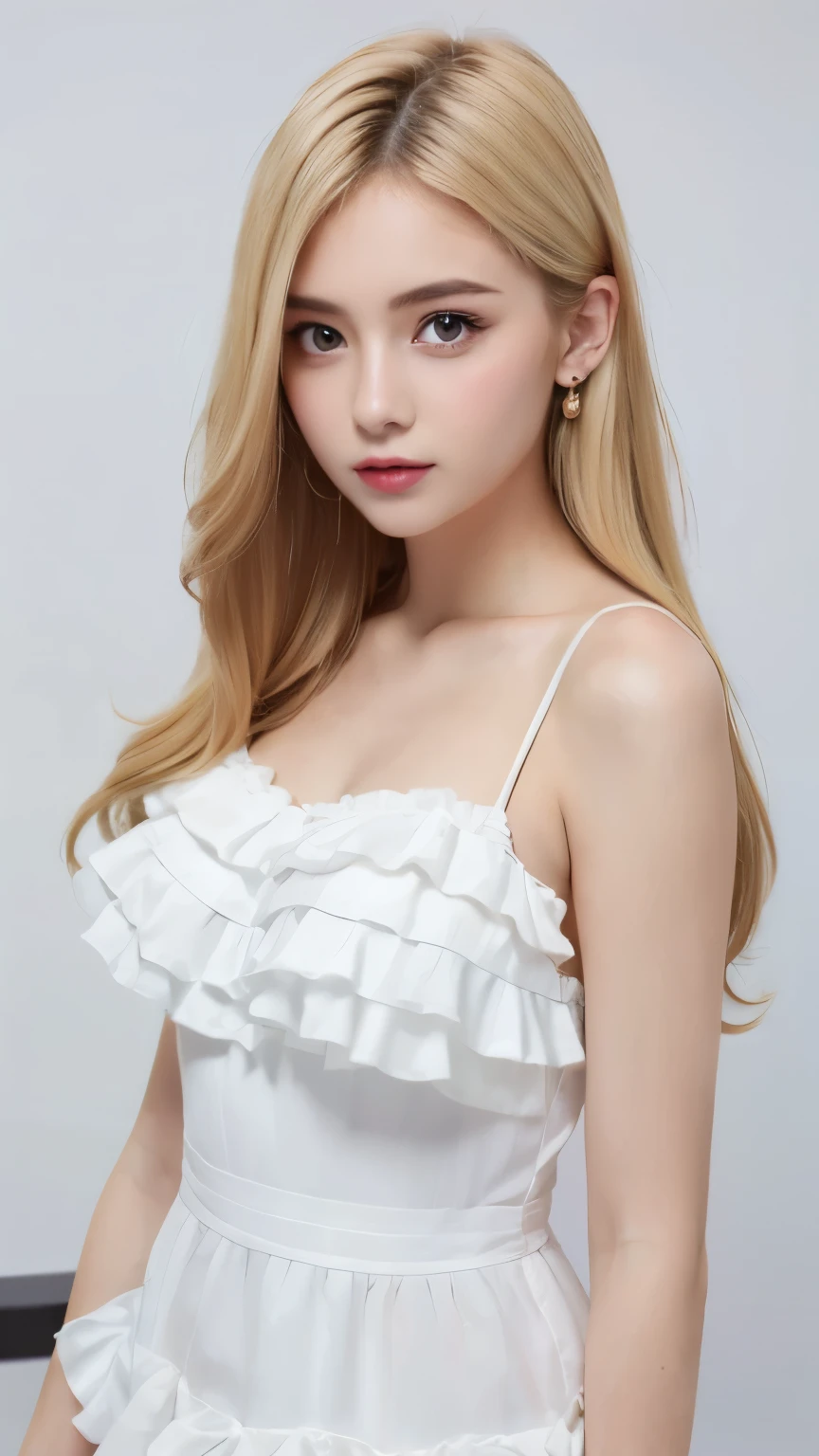 (((forehead、Blonde、Northern Europe、White people、beautiful girl、Blonde、White background、Frills、race、dress)))、table top, highest quality, figure, super detailed, finely, High resolution, 8k wallpaper, Perfect dynamic composition, detailed and beautiful eyes, Deco out,bionde, medium hair, super big breasts, Natural color lip,white background, random cute poses,frill dress