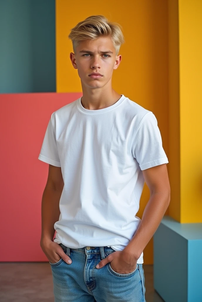Young man,short hair blonde with O. cut-in. Mid fade with neat preserved edge, Scrawny ,outfit simple white shirt and stylish black denim shorts and a pair of white sneakers on the cheek with a slight touch of pink, he standing with the background of a men&#39;s room 