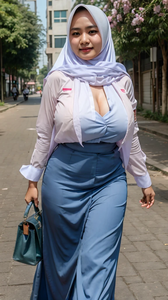 beautiful Indonesian High school mature woman , (white hijab), young, seragam sma hijab, school, full body ,realistic, photorealistic, photo-realistic:1.37, (best quality,8k,highres,masterpiece:1.2),ultra-detailed,HDR,UHD,studio lighting,extreme detail description,professional,vivid colors, big breasts,fat body's, in street background, unbuttoned shirt, open chest, wearing pink lance bra,