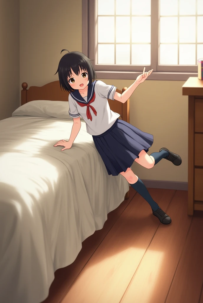Girl with short black hair wearing an asian school uniform kneeling on the edge of a bed, matress bending beneath her weight facing the viewer
