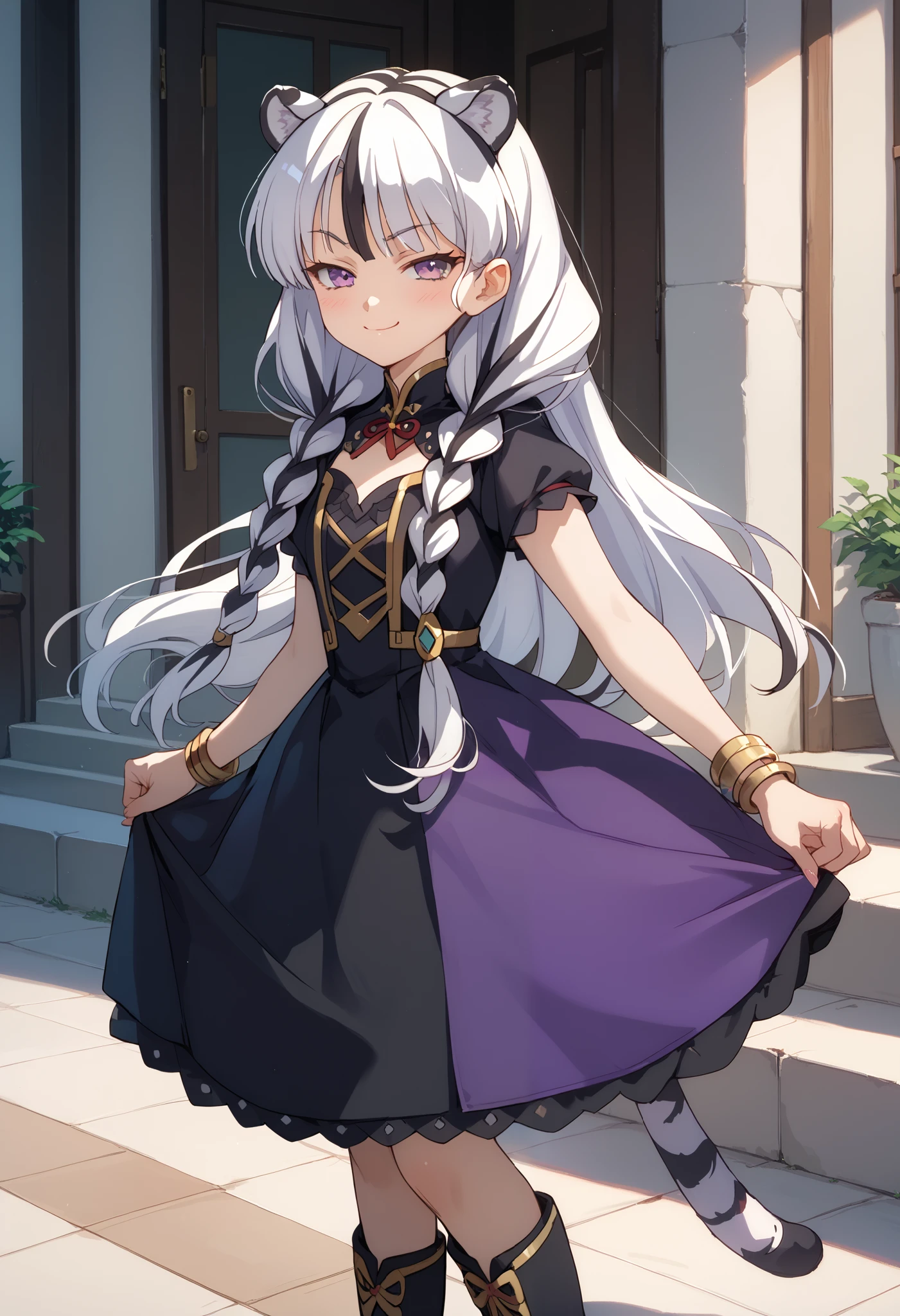 ((masterpiece)), 1girl, solo, long hair, white tiger ears, white tiger tail, purple eyes, standing, blush, smug smile, low twin braids, black dress, purple dress, multicolored dress, bracelet, high black boots, white hair, two-tone hair, 90s anime style.