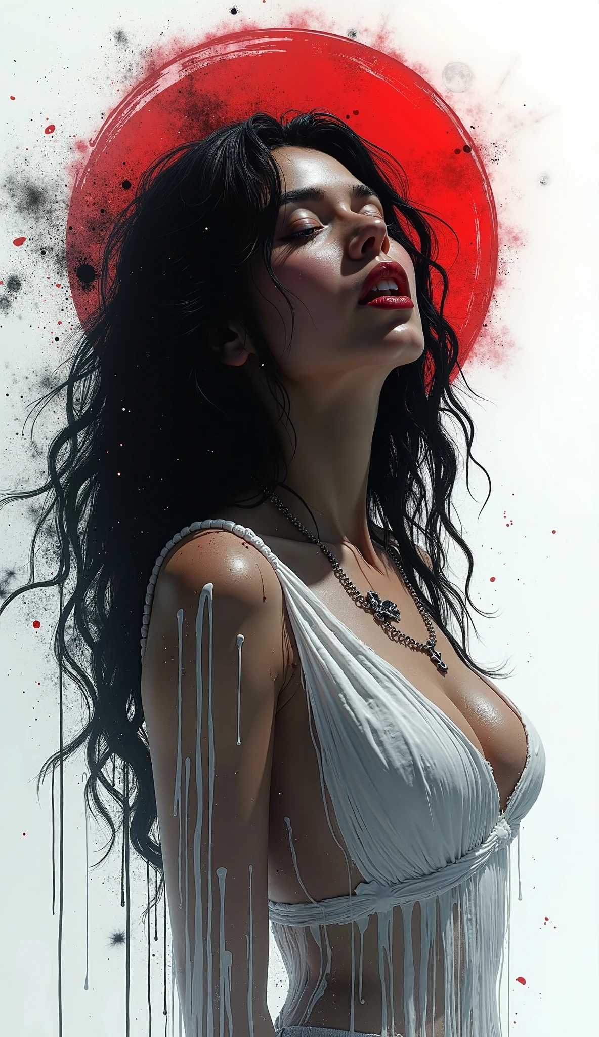Masterpiece, the best quality, ultra detailed picture, close-up portrait, draw, comics, ohwx woman, red eyes, vampire, long hair, black hair, slim and athletic body, naked, dark lights, dark atmosphere, art by Yoji Shinkawa, red and black background, standing, under shower