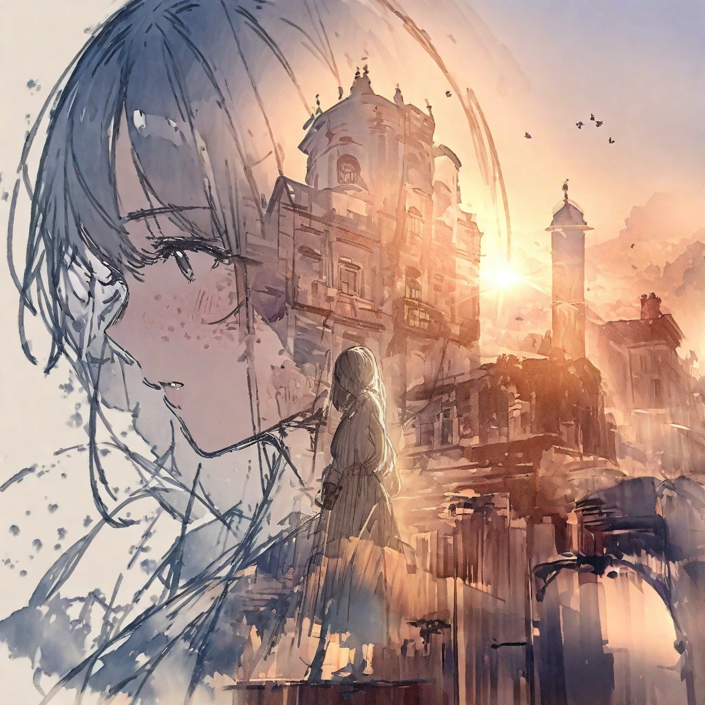 ((sketch:1.5)), ((watercolor:1)), Double Exposure of a Beautiful and Delicate Woman (The face is clear and perfect)image，Background、 Perfect Ultra Detailed Victorian Scenery , beautiful, beautiful笑顔, complicated illustration,  Artwork Concept Artwork, break,(Everyone knows it's better not to tell s to study),