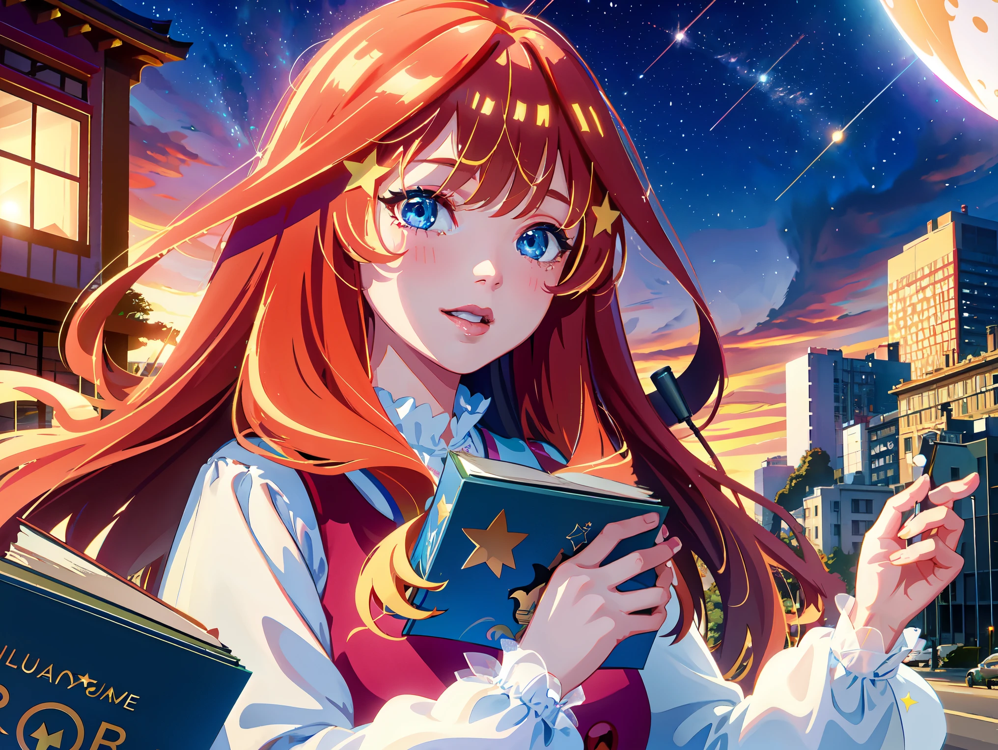 sky, star (sky), scenery, light blue sky, 1girl, solo, magical photography, ultra-detailed, 4k, Depth of field, High-resolution, , night, starry night sky, starts made of iridescent tears, best quality)), ((masterpiece)), (detailed), perfect face, 1girl, nakano itsuki, wide eyes, dreamy, whimsical, triad color pallette, pink water droplets, smiling, flat colouring, fluffy red hair, star hairclips, best quality, ultra high res, (photorealistic:1.4), blush, red lips, filme fotografia de stock ,4 Kodak Portra 400 ,camera f1.6 lentes,textura realista, dramatic lighting , cinestill 800, long wavy hair beautiful, masterpiece, best quality, anime disney style, stars, falling down, flying, floating among shooting stars and books, books, studying, eyeglasses, dynamic pose