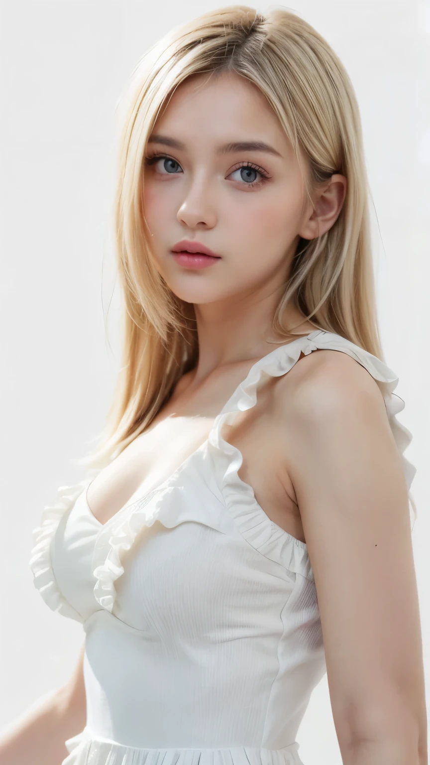 (((forehead、Blonde、Northern Europe、White people、beautiful girl、Blonde、White background、Frill dress)))、table top, highest quality, figure, super detailed, finely, High resolution, 8k wallpaper, Perfect dynamic composition, detailed and beautiful eyes, Deco out,bionde, medium hair, super big breasts, Natural color lip,white background, random cute poses,frill dress