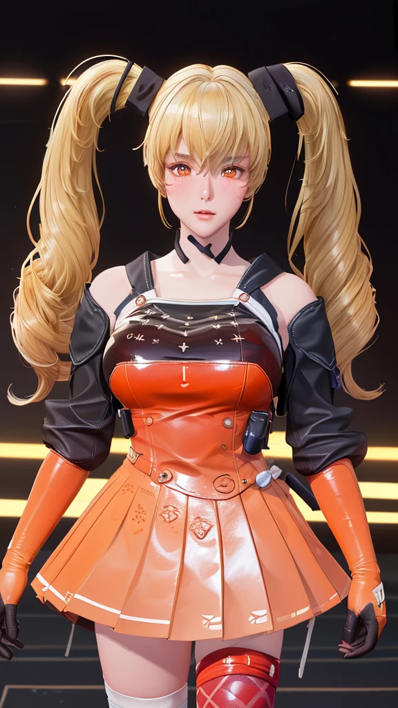 (（（figure，御姐figure,White and tender skin,（（（FenNib , long_sleeves_skirt, red_single_thighhigh, thigh_holster, elbow_gloves, strap, ）））,(（（twintails, Blonde_hair, orange_eyes,））),，((masterpiece)), highres icon,((Best quality at best)),masterpiece,quality,Best quality,(（（  looking at the audience， is open to the audience,Light in the eyes， blush，shy）））， huge ,Chiaroscuro, depth of field, cinematic lighting, motion blur, ray tracing, reflection light, drop shadow, speed lines）））