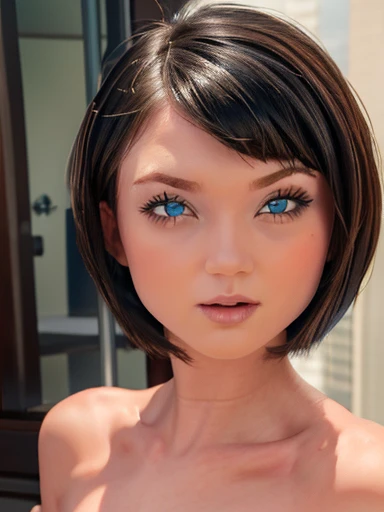 cute girl,  blue eyes  , short hair  , bobcut, maquillaje oscuro cara linda mirando al espectador grandes  blue eyes ,  Big boobs , NSFW 