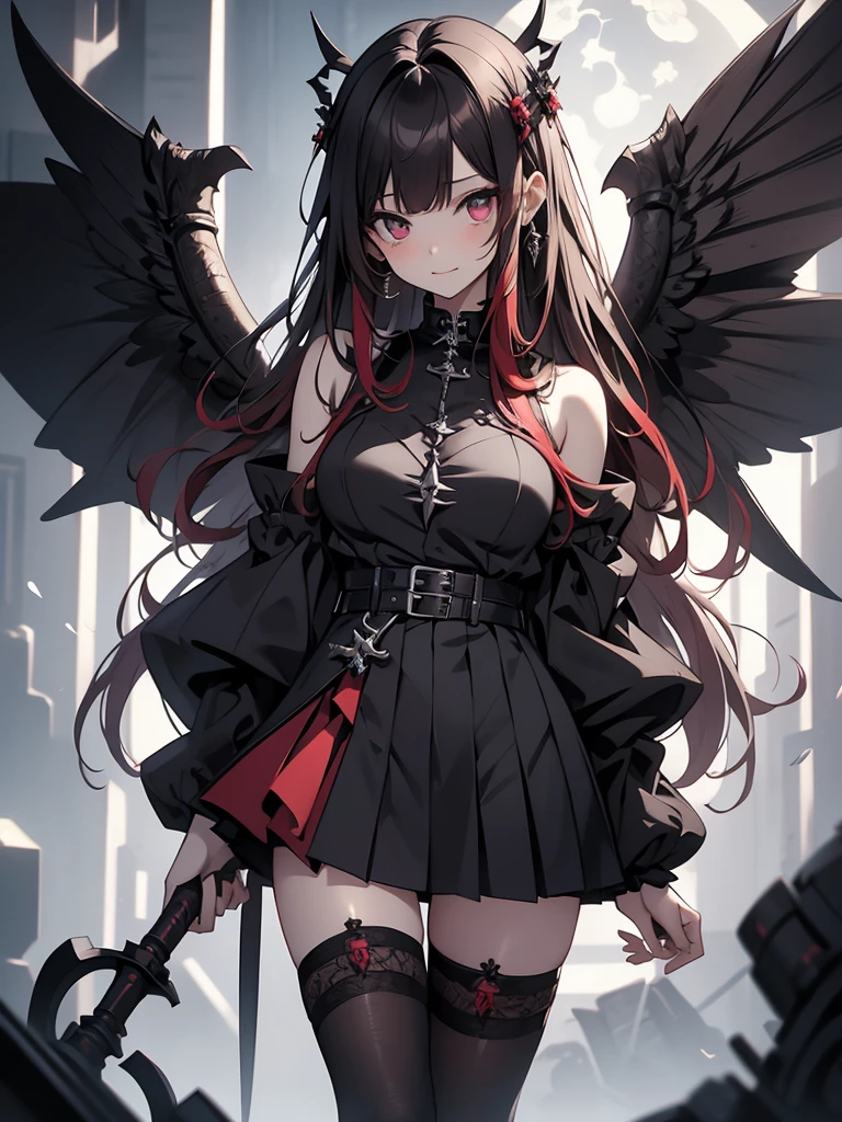 Highest quality,Highest Resolution,Beautiful girl with angry face in gothic lolita leotard,High leg,Floating in the air,Halo,Night Sky,Lightning strikes,Thick Lightning,Very beautiful red eyes,rain,豪rain,(((Black angel wings on the back))),whole body,front,Black Hair,In hand1Holding a large spear of books,