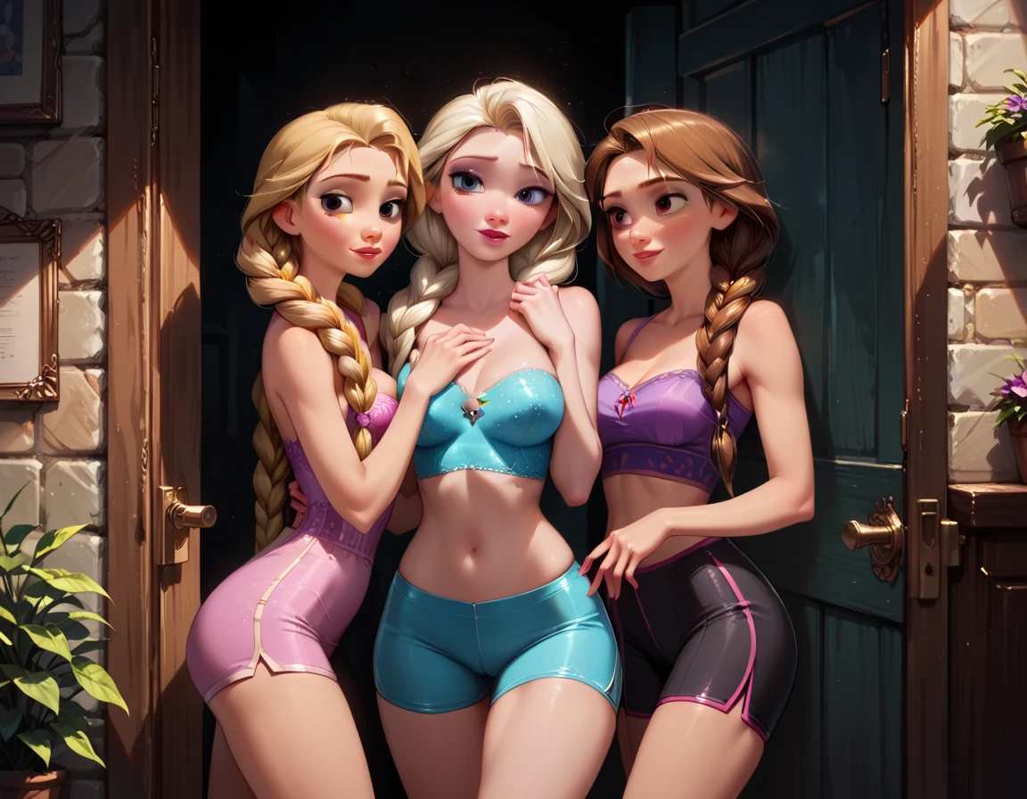 score_9, score_8_up, score_7_up, score_6_up, rating_explicit, 3girls, trio, beautiful waifu, very sexy (Anna, brown hair, braided pigtails:1.4), and very sexy (Rapunzel, blonde, long thick braid:1.3), embracing, being watched from the doorway by very sexy (Elsa, blonde, braid:1.2), spying, wearing (sexy yoga shorts and sexy yoga top, bare shoulders:1.1), perky breasts, sexy look, eyes half-closed, filled lips, thick lips, detailed eyes, detailed face, aroused, dimly lit, perfect hands, (Hand, detailed, perfect, perfection, hands:1.2), perfect proportions, simple background.