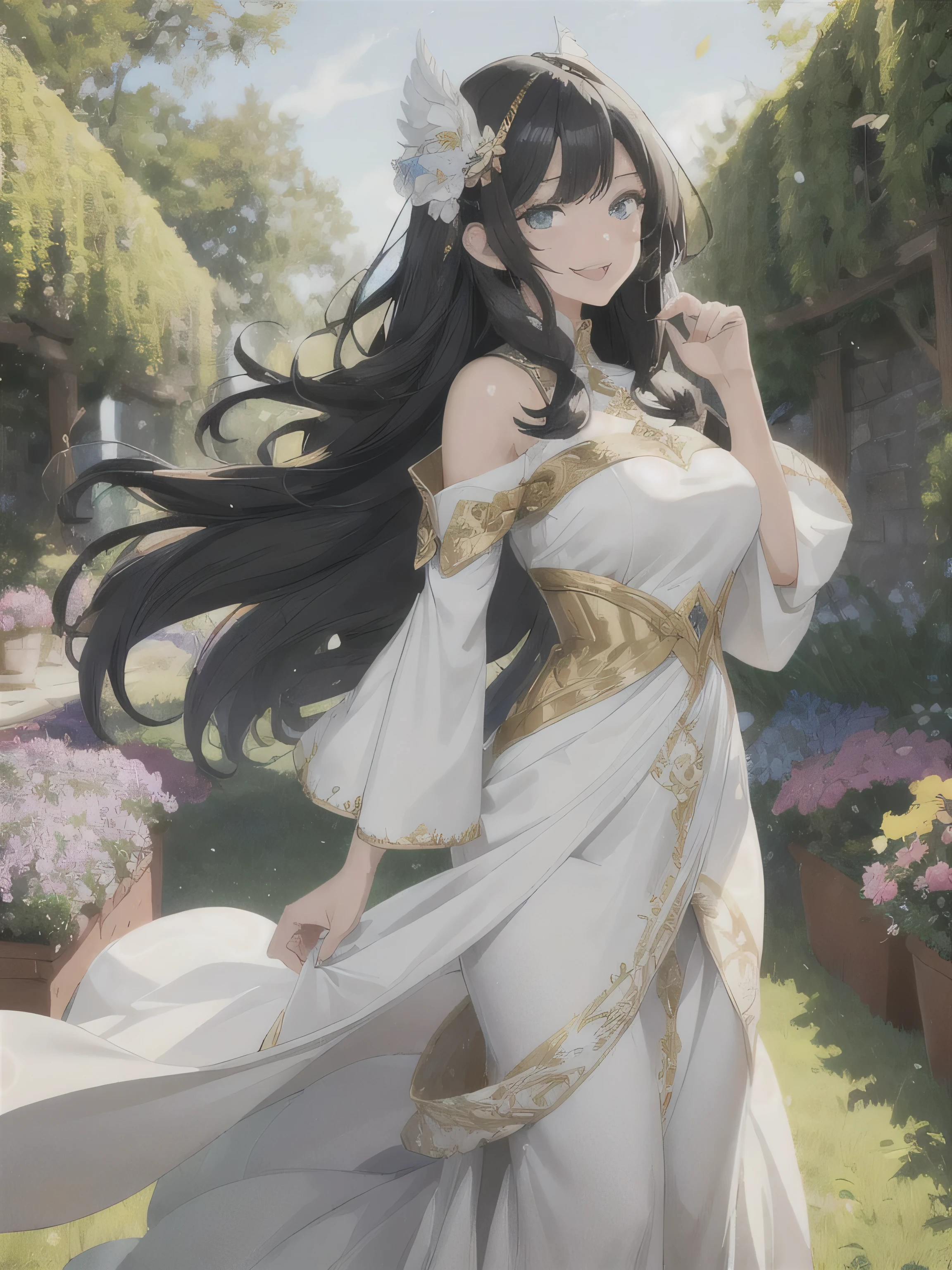Design a character named Iris, a woman in her early 30s with a joyful and energetic personality. She has long, flowing black hair that bounces with life as she moves, complementing her bright, expressive blue eyes that sparkle with enthusiasm. Her face is lit up with a radiant smile, full of warmth and happiness. Iris wears a flowing white medieval gown with subtle gold embroidery along the edges, giving her an elegant yet lively appearance. The dress is slightly more vibrant and dynamic, with the fabric swirling around her as she moves, reflecting her energetic spirit. She stands in a sunlit garden, surrounded by colorful, blooming flowers, her posture relaxed and open, as if she's ready to share a laugh or a story. The overall scene captures her joyful and spirited nature, making her presence feel like a burst of fresh air."