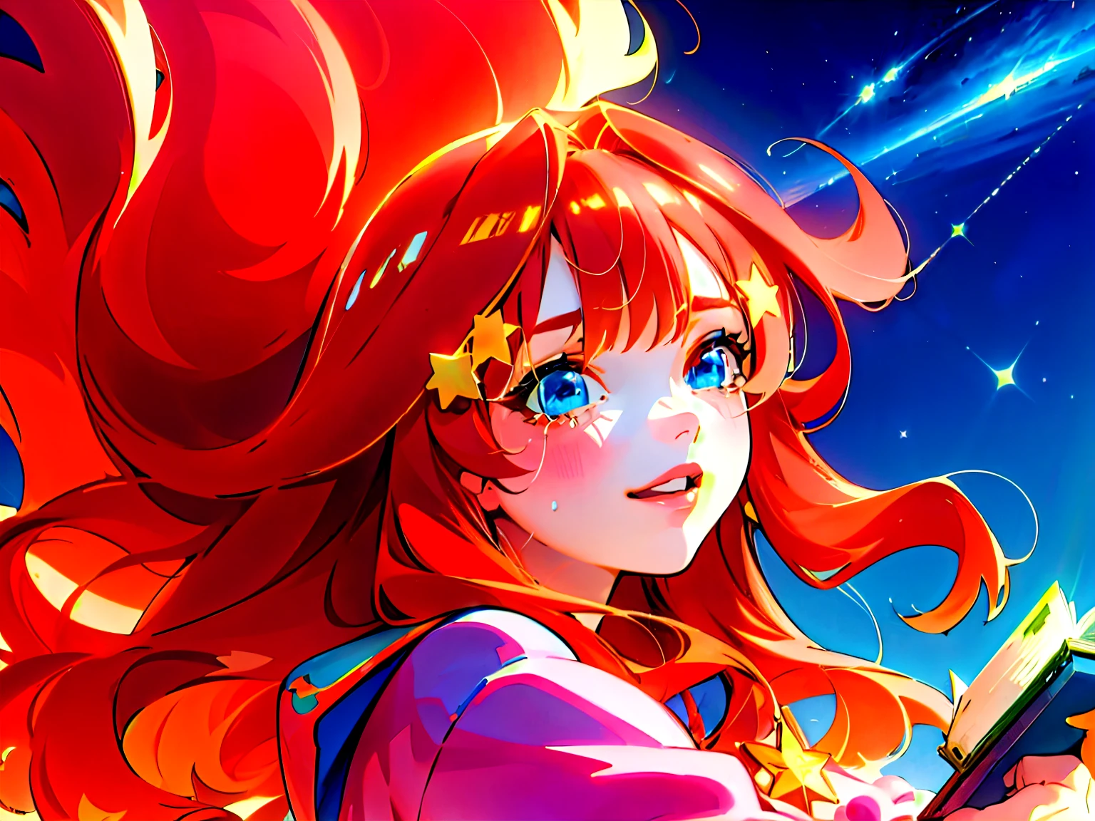 sky, star (sky), scenery, light blue sky, 1girl, solo, magical photography, ultra-detailed, 4k, Depth of field, High-resolution, , night, starry night sky, starts made of iridescent tears, best quality)), ((masterpiece)), (detailed), perfect face, 1girl, nakano itsuki, wide eyes, dreamy, whimsical, triad color pallette, pink water droplets, smiling, flat colouring, fluffy red hair, star hairclips, best quality, ultra high res, (photorealistic:1.4), blush, red lips, filme fotografia de stock ,4 Kodak Portra 400 ,camera f1.6 lentes,textura realista, dramatic lighting , cinestill 800, long wavy hair beautiful, masterpiece, best quality, anime disney style, stars, falling down, flying, floating among shooting stars and books, books, studying, eyeglasses, dynamic pose