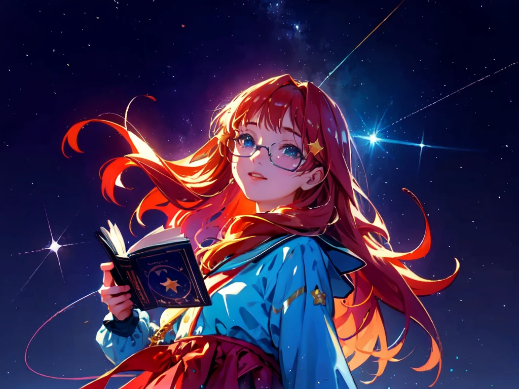 sky, star (sky), scenery, light blue sky, 1girl, solo, magical photography, ultra-detailed, 4k, Depth of field, High-resolution, , night, starry night sky, starts made of iridescent tears, best quality)), ((masterpiece)), (detailed), perfect face, 1girl, nakano itsuki, wide eyes, dreamy, whimsical, triad color pallette, pink water droplets, smiling, flat colouring, fluffy red hair, star hairclips, best quality, ultra high res, (photorealistic:1.4), blush, red lips, filme fotografia de stock ,4 Kodak Portra 400 ,camera f1.6 lentes,textura realista, dramatic lighting , cinestill 800, long wavy hair beautiful, masterpiece, best quality, anime disney style, stars, falling down, flying, floating among shooting stars and books, books, studying, eyeglasses, dynamic pose