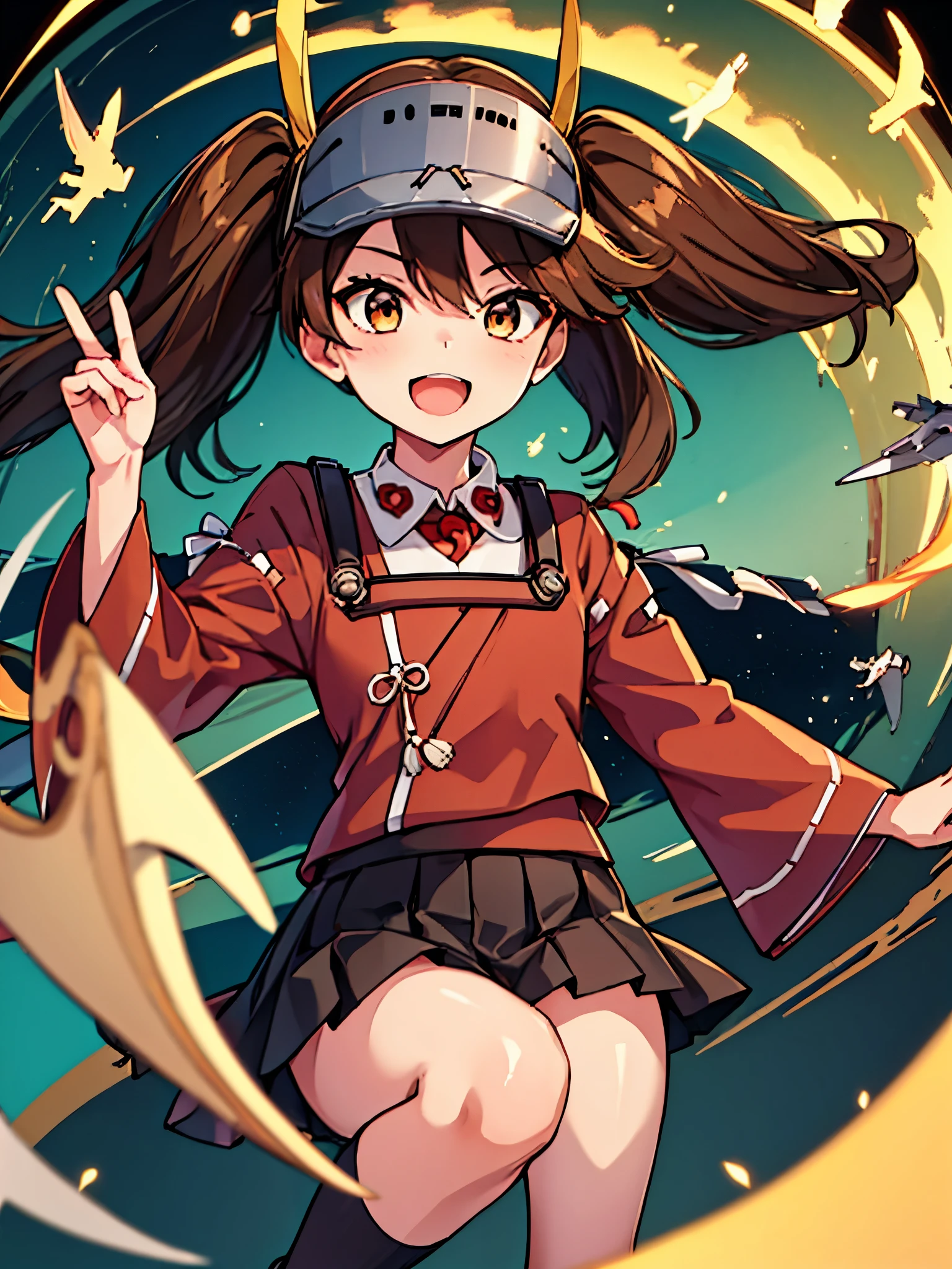  best quality, masterpiece,  high definition , Alone, {Dragon Swallow _  fleet collection:1.15}, brown_hair,  twin tails, brown_eye, correct, visor_ cap, His posts, length_hair, smile, open_mouth,  one girl, Japanese_Clothes,  look up _in_ viewer, Weng Ming, scroll, shikigami,  skirt, Green, Pleats_ skirt