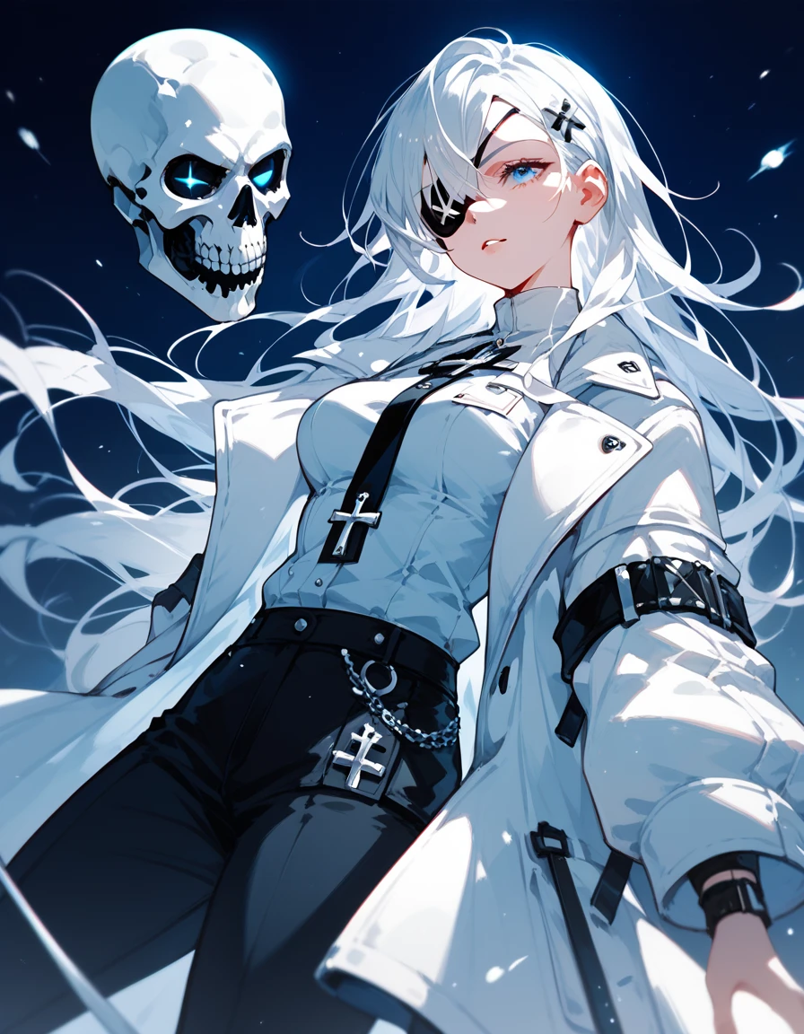  ,White hair,Long hair, in blue eyes, White coat, medium breasts,cool, put on a black short skirt ,Wear long pants, with a black cross hair clip., in black cross eyes ,eyes patch,Put on a white skull mask