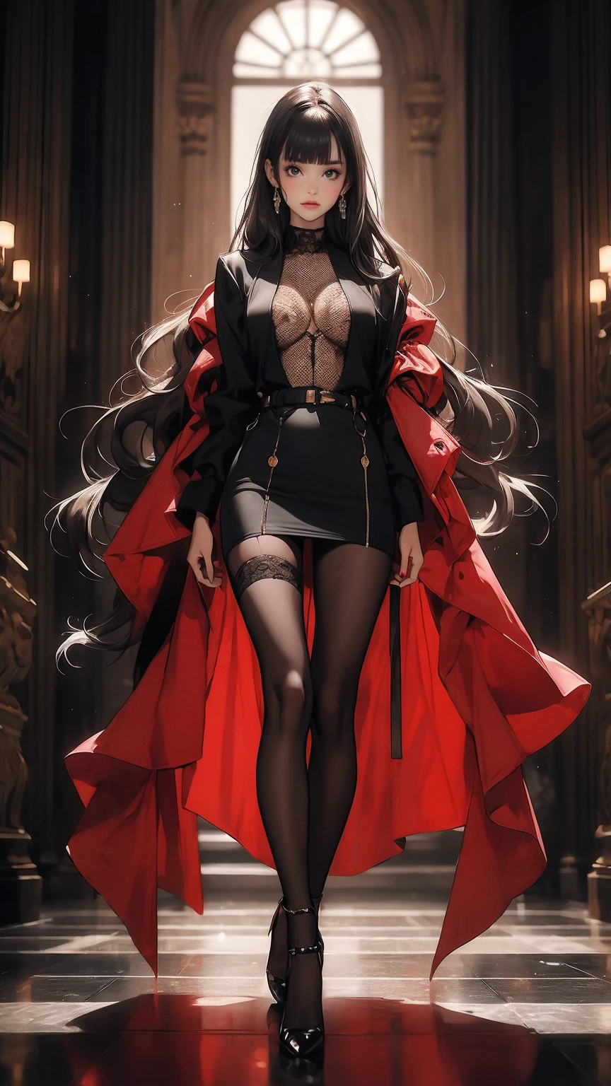 ( best quality:1.2)、(masterpiece:1.2), ( High Quality:1.2), Nipples、 see-through clothes、 ((bodystocking:1.2)), (Black straight long hair:1.3), squat、 open legs, ( Long Thin Legs , shoes:1.2), ( detailed face :1.3)、The whole face becomes red,  big, rich breasts , (Blunt Bangs:1.2),  side bust 、 underbust 、Walking through the mansion&#39;corridor、 Play、 simple background