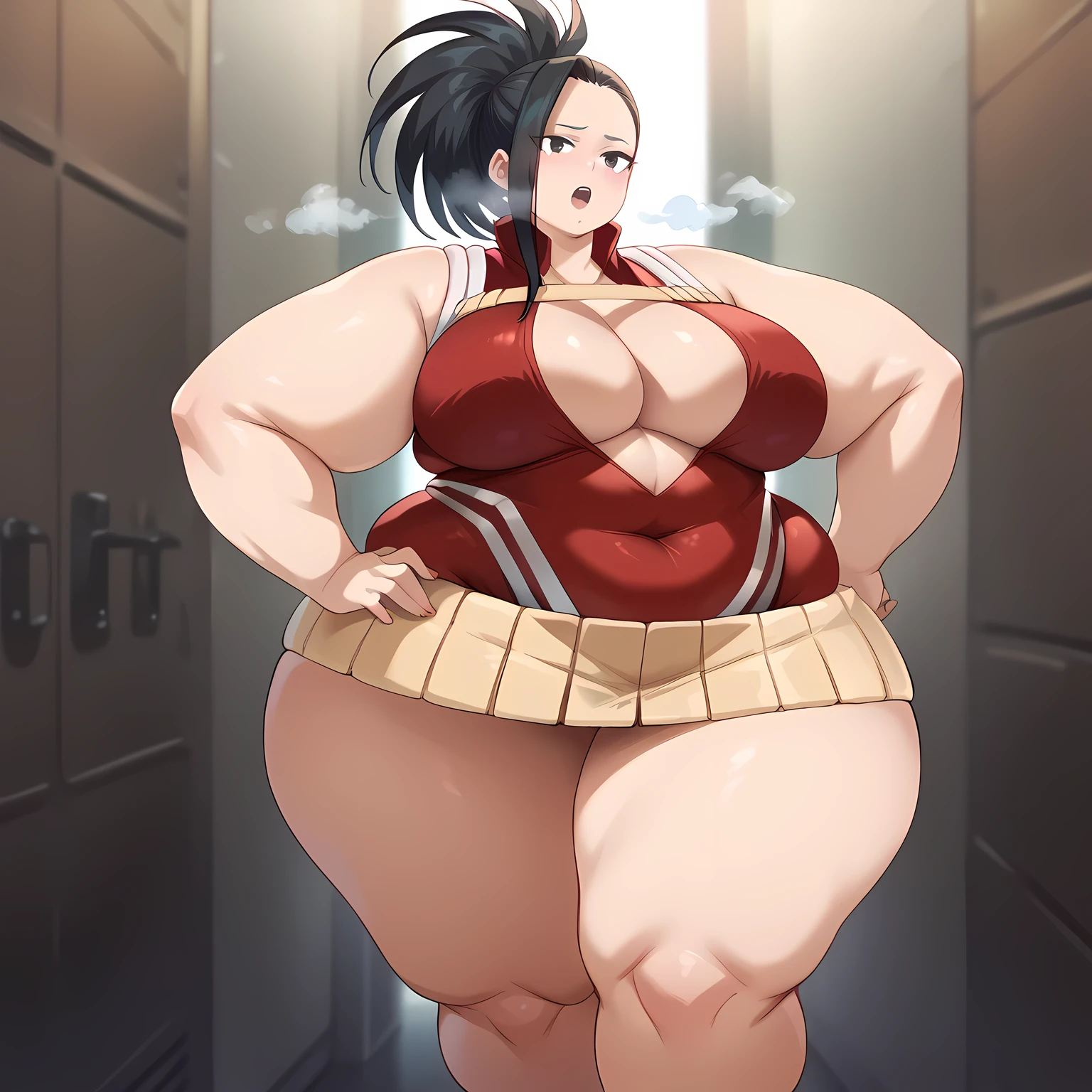 (side angle), slim body, tall, yaoyorozumomo, black eyes, black hair, ponytail, long hair, hair pulled back, center opening, cleavage, red leotard, hero outfit, slender body, tiny waist big . sexy body, sexy figure, slim thighs, sexy, tiny waist, desireable, tempting, lust fat, chubby, obese, gigantic arms and legs, large breasts open mouth, out of breath fat, chubby, obese, gigantic arms and legs, large breasts open mouth, out of breath

