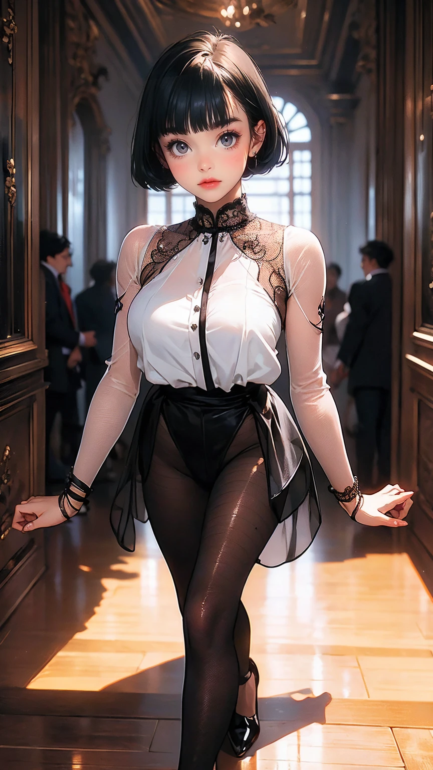 ( best quality:1.2)、(masterpiece:1.2), ( High Quality:1.2), Nipples、 see-through clothes、 ((bodystocking:1.2)), (black hair bowi cut :1.3), (Smiling face:1.3), squat、 open legs, ( Long Thin Legs , shoes:1.2), ( detailed face :1.3)、The whole face becomes red,  big, rich breasts , (Blunt Bangs:1.2),  side bust 、 underbust 、Walking through the mansion&#39;corridor、 Play、 simple background