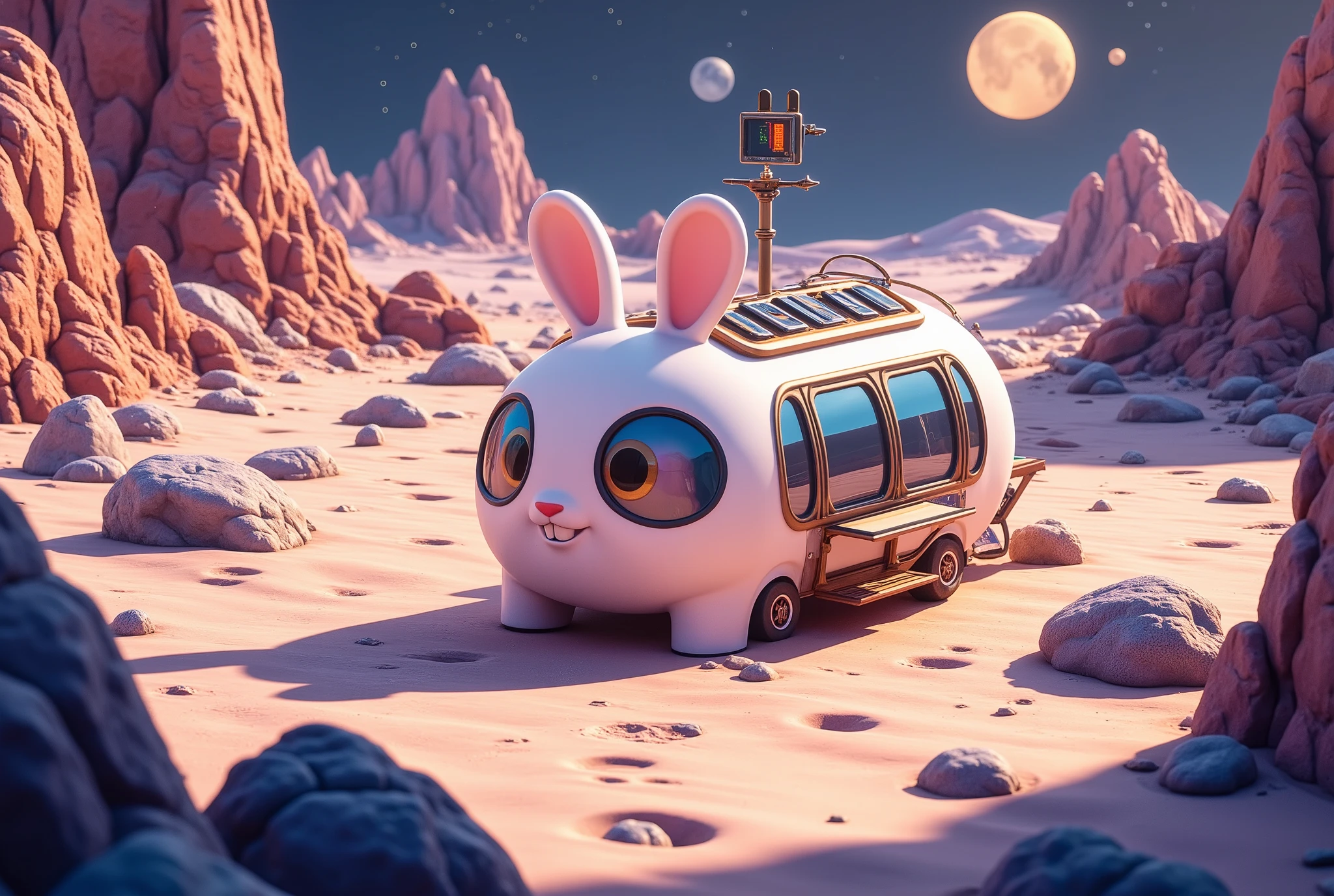 (masterpiece:1.2, best quality, ultra high resolution, Very detailed, best illustrations),8k,wallpaper,Moon base,(月面クレーターの中に建てられた cuteうさぎの形をしたMoon base:2.0),( isometric 3D illustration :2.0), STYLISH,( cute:2.0),( vibrant colors:2.0),( Simple Design :2.0),(SAN-X painting style :2.0)