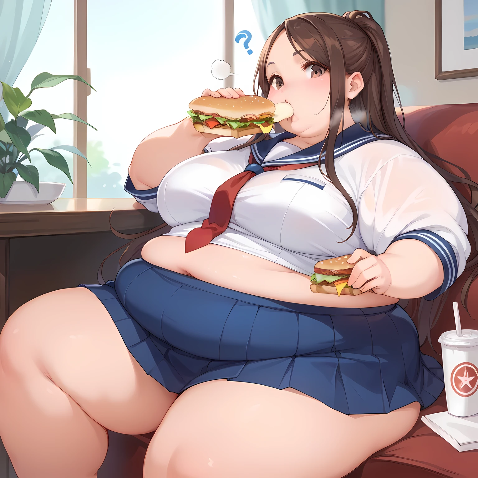 score_9, score_8_up, score_7_up, score_6_up,source_anime,
, Takagi, brown hair, brown eyes, long hair, white serafuku, red necktie, blue stripes, blue skirt,eating a sandwich, head tilt, looking at phone ,confused, fat, chubby, obese, gigantic arms and legs, large breasts open mouth, out of breath